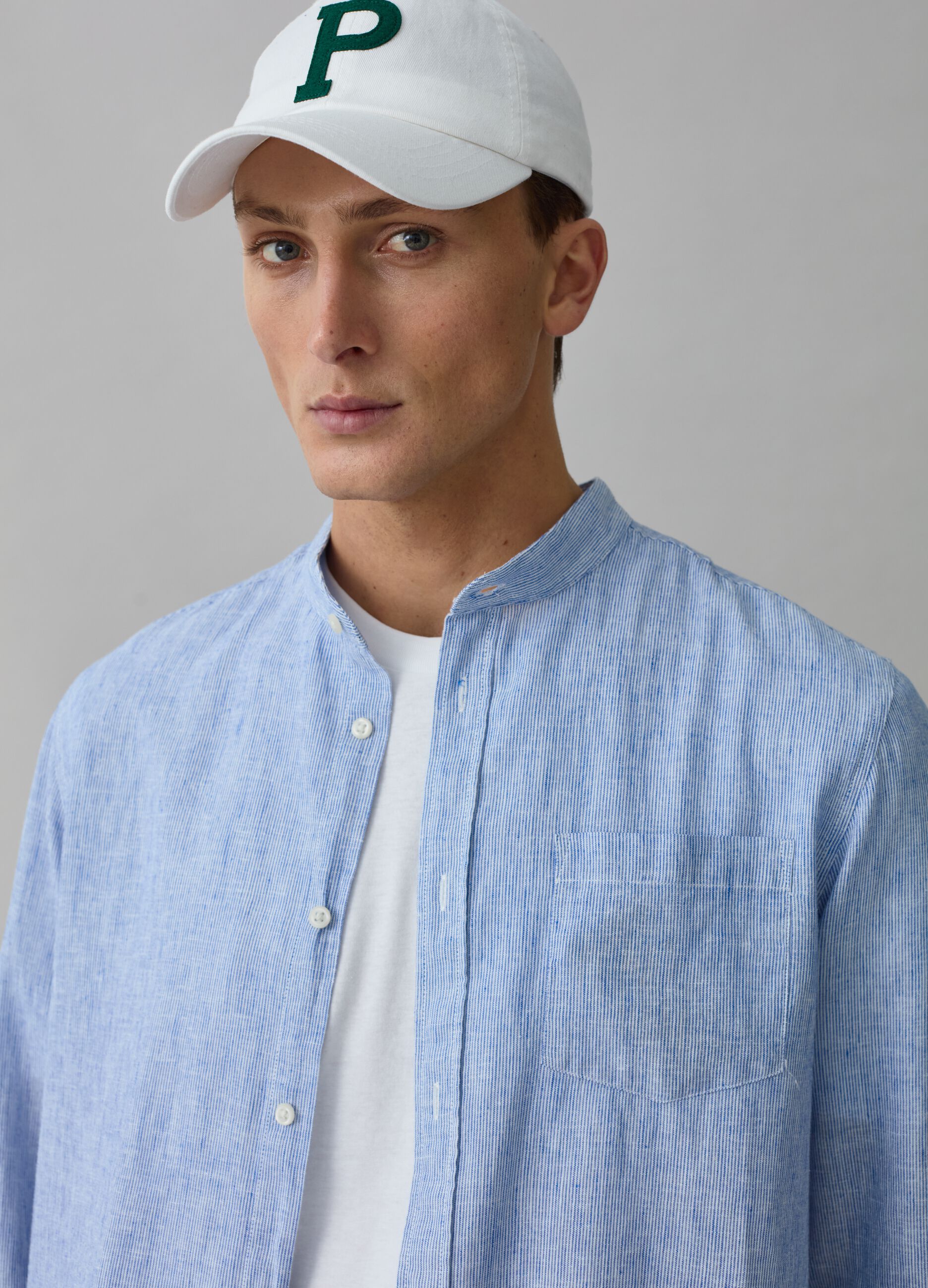 Iridescent-effect cotton and linen shirt