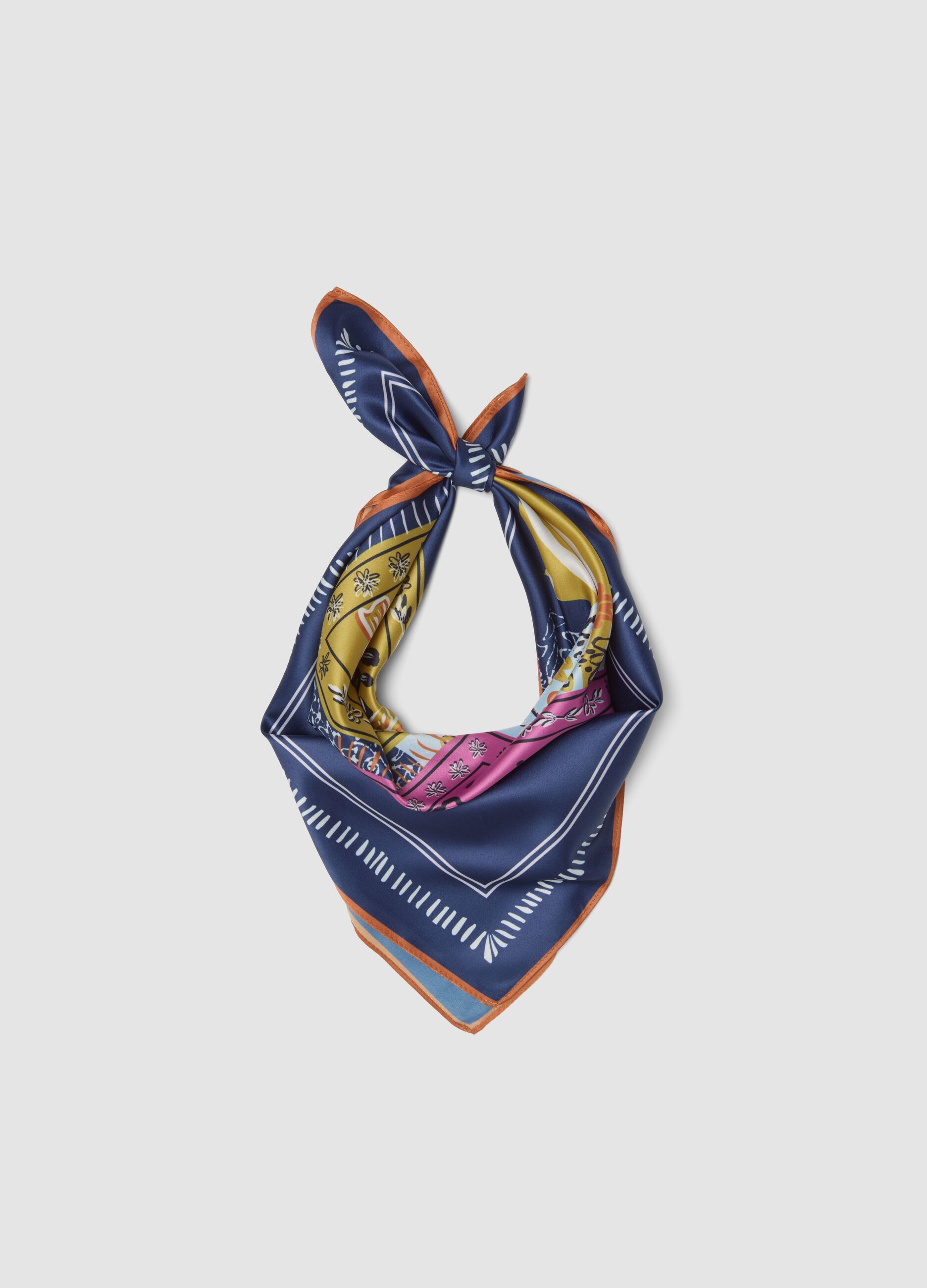 Blue scarf with multicolour print