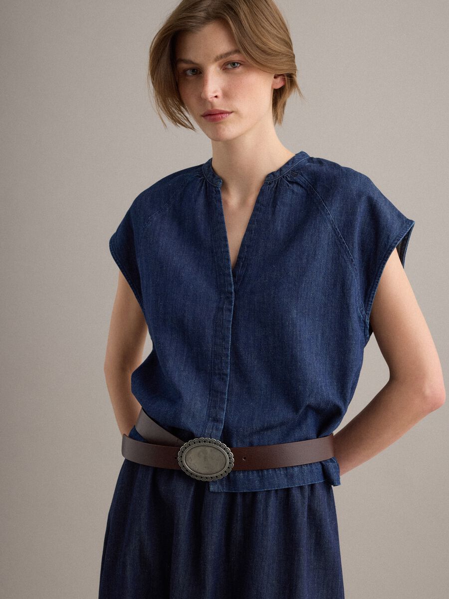 Blue denim shirt in a cotton, linen and viscose blend, oversized fit_0