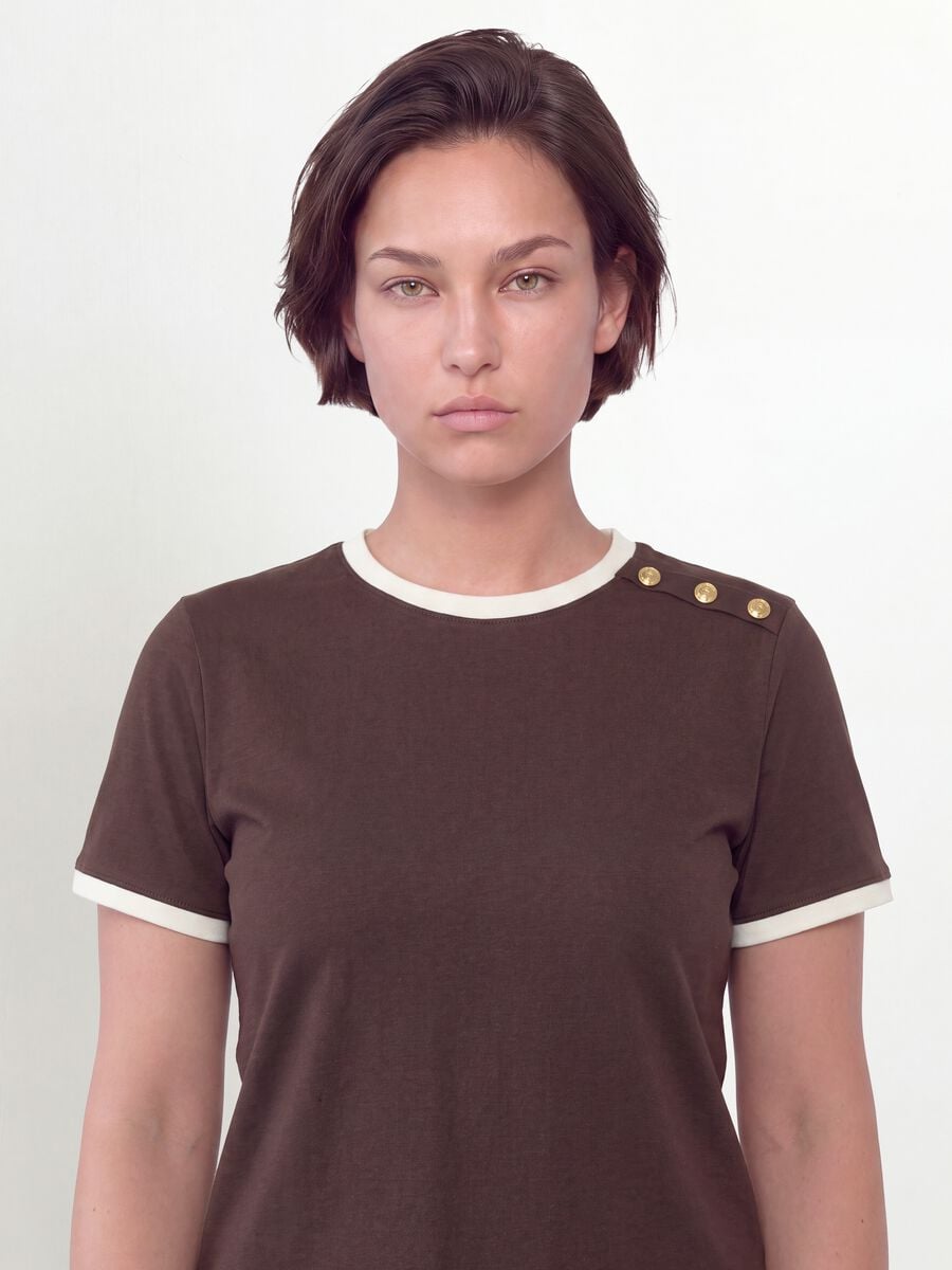Brown pure cotton T-shirt with buttons, regular fit_2