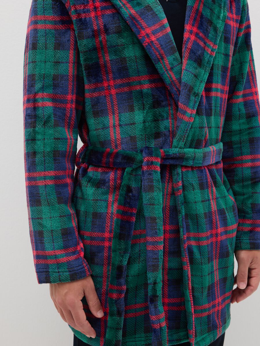 Multicolour checked coral fleece dressing gown with belt_3