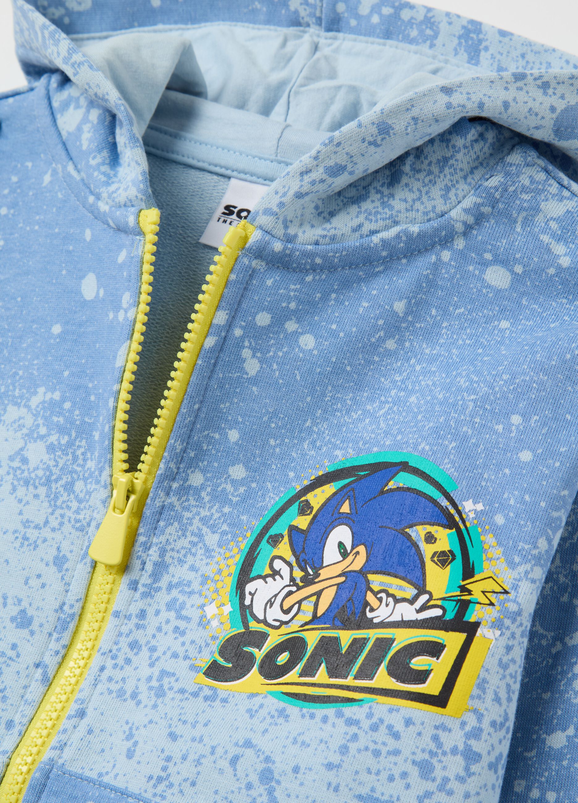 Full-zip sweatshirt in French terry with hood and Sonic print