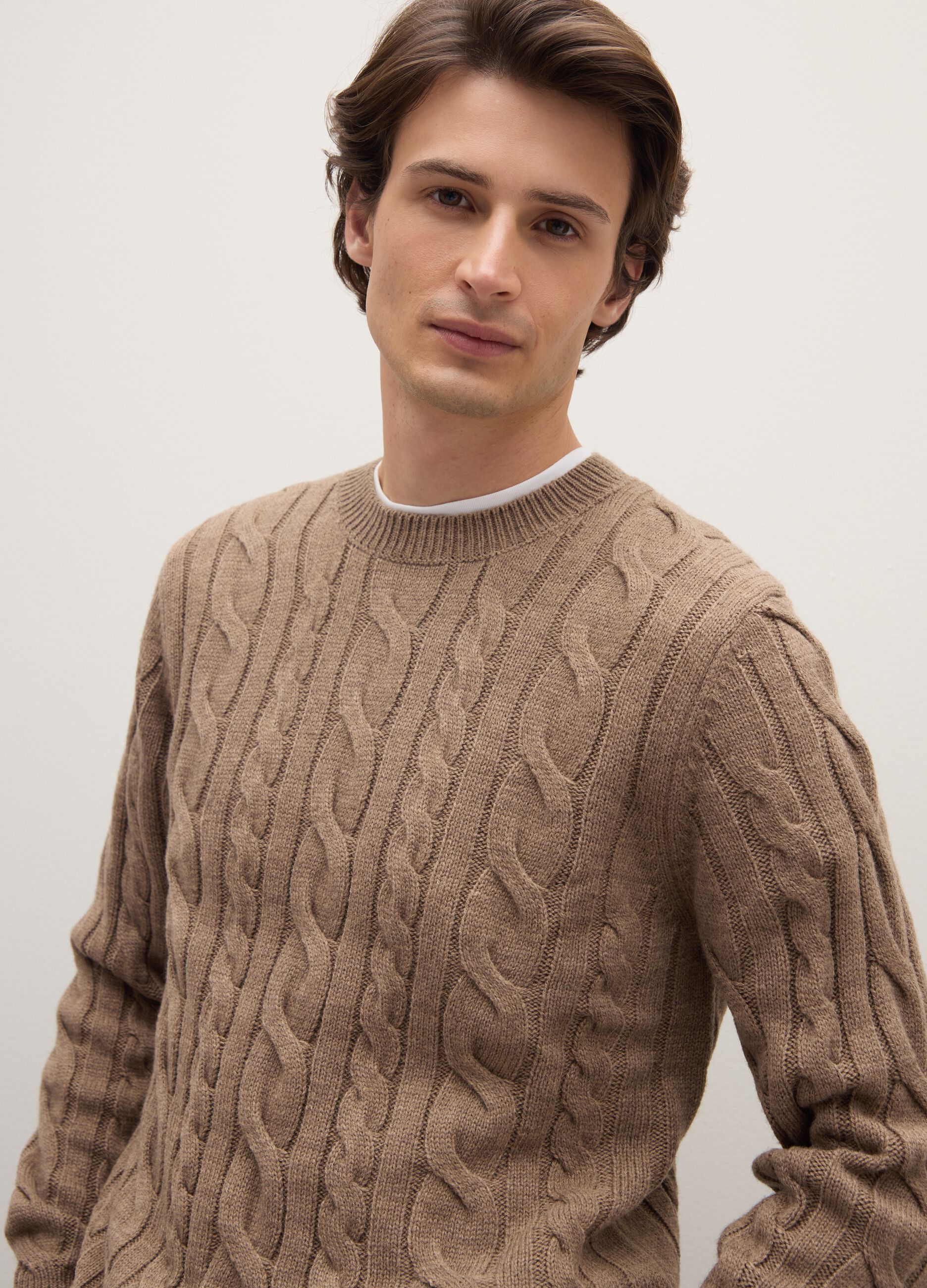 Brown regular fit crew neck jumper with cable knit