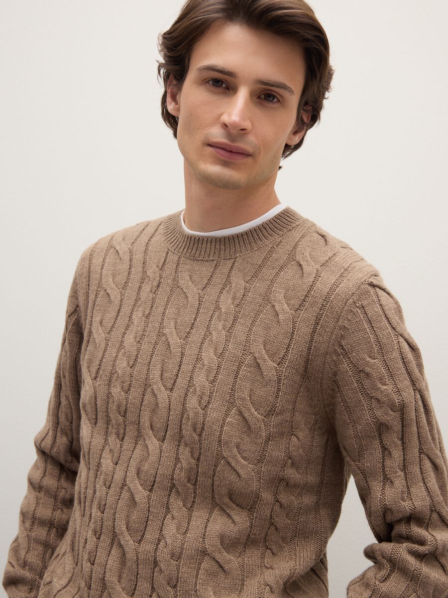 Brown regular fit crew neck jumper with cable knit_0