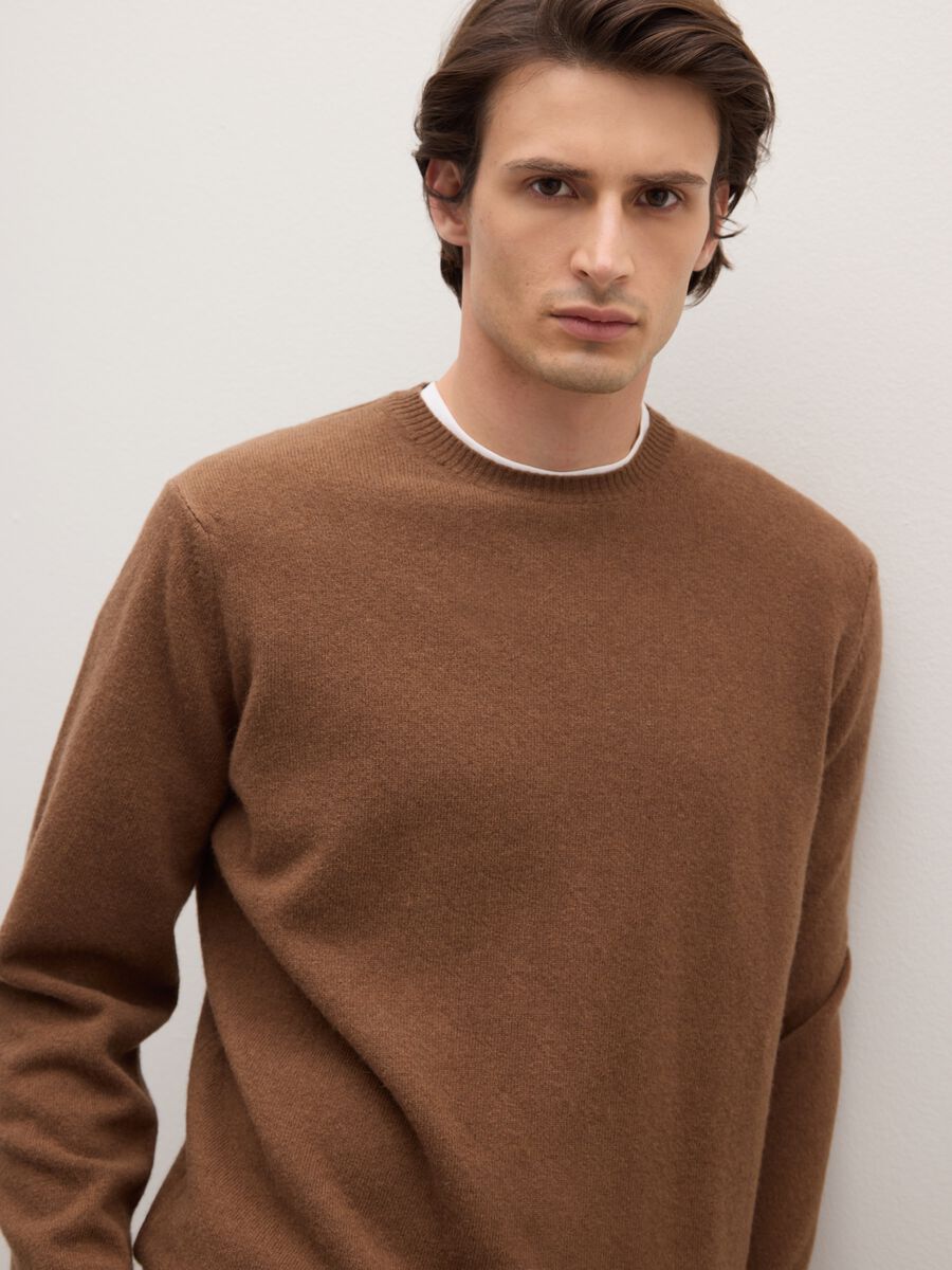 Brown crew neck pullover in pure lambswool regular fit_3