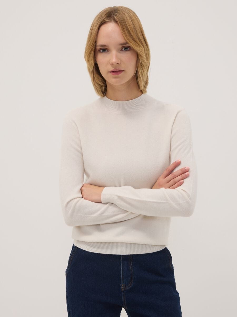 White viscose and wool blend jumper, regular fit_0