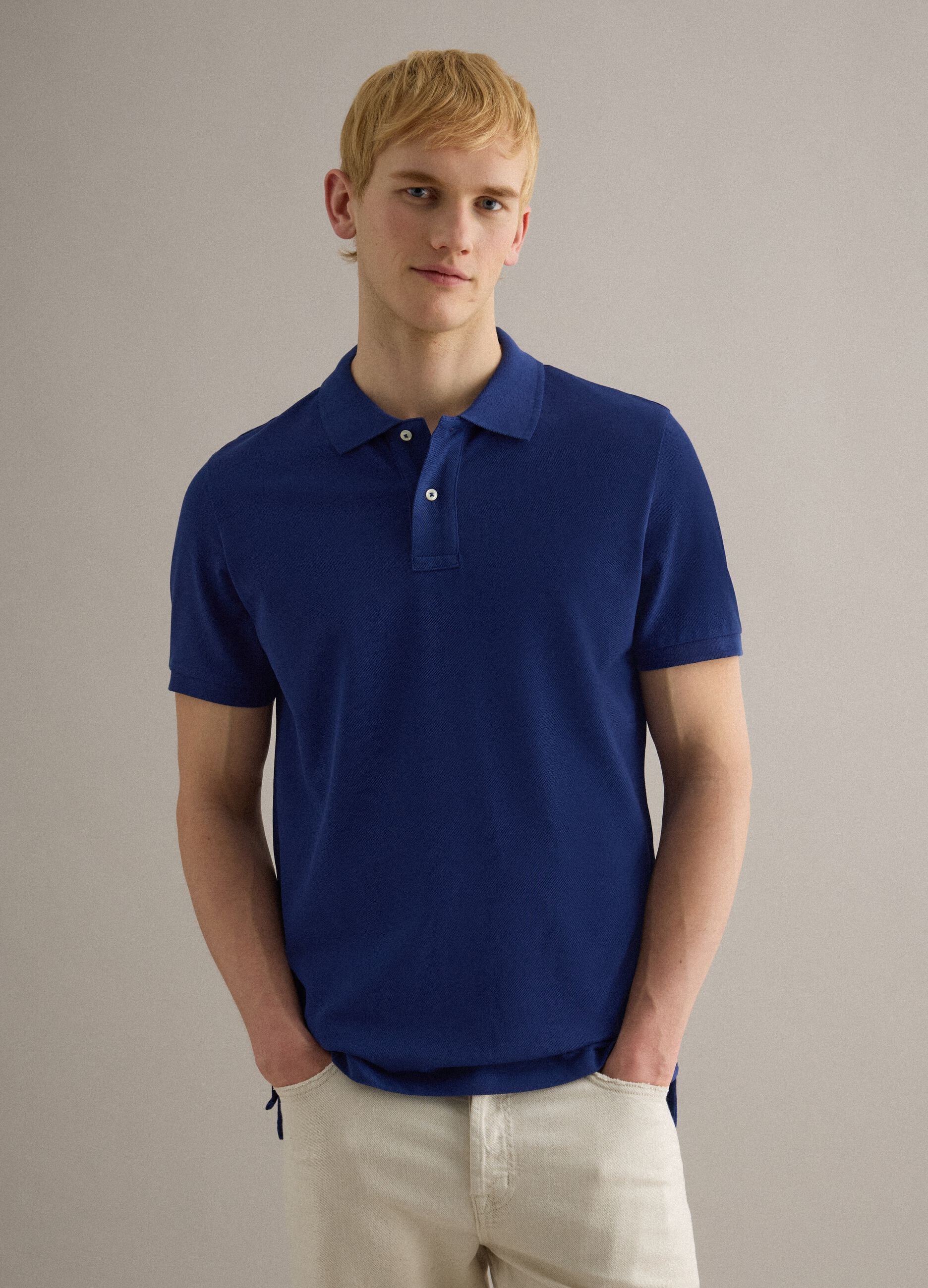 Short sleeve polo in pure blue cotton regular fit