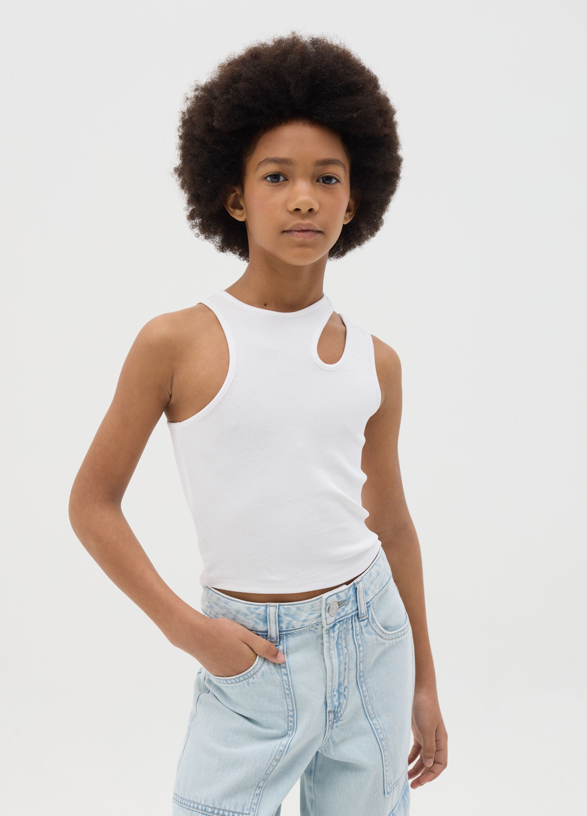 Ribbed white tank top with cut-out detail