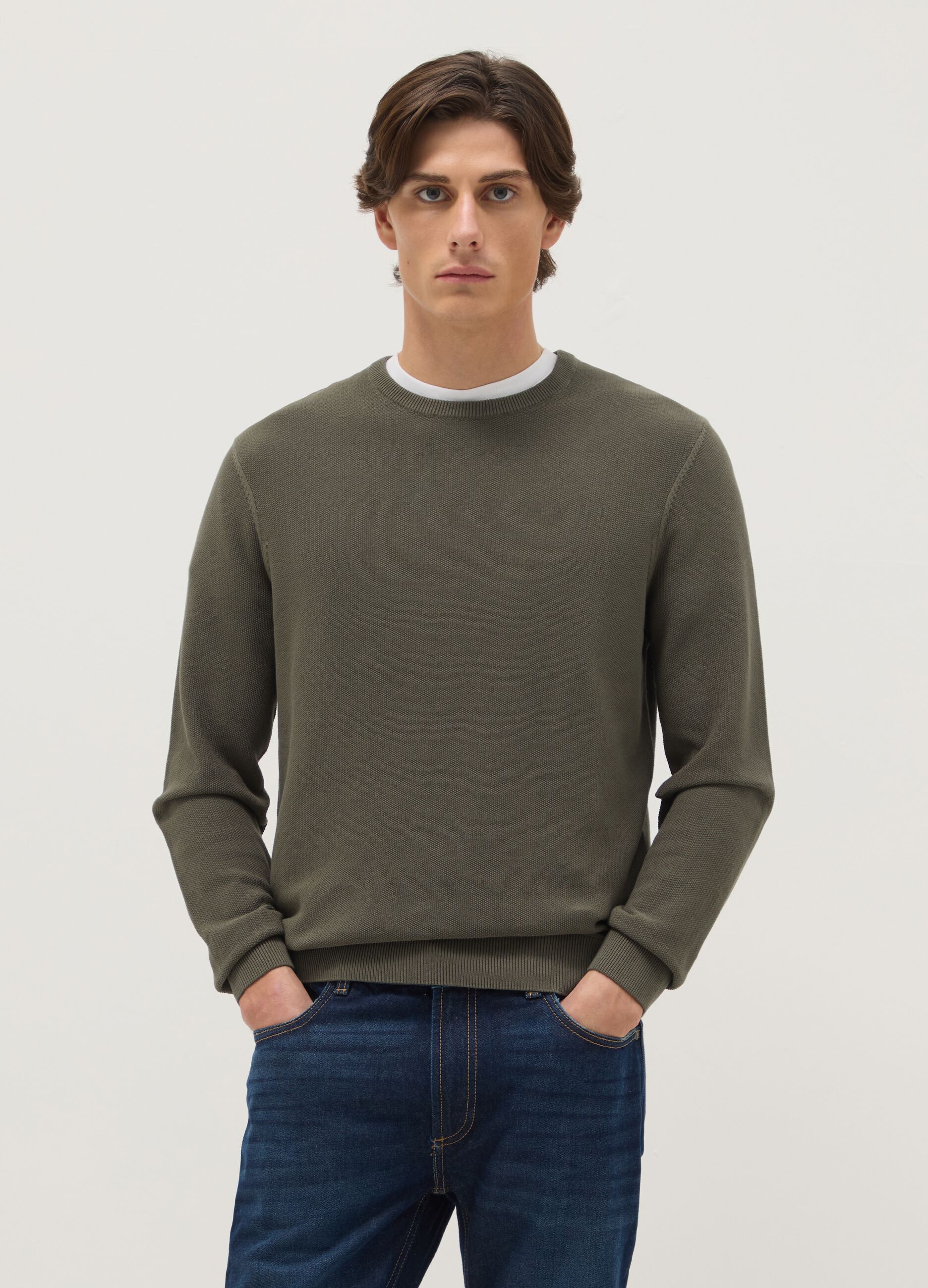 Green Crew Neck Sweater in Pure Cotton Regular Fit