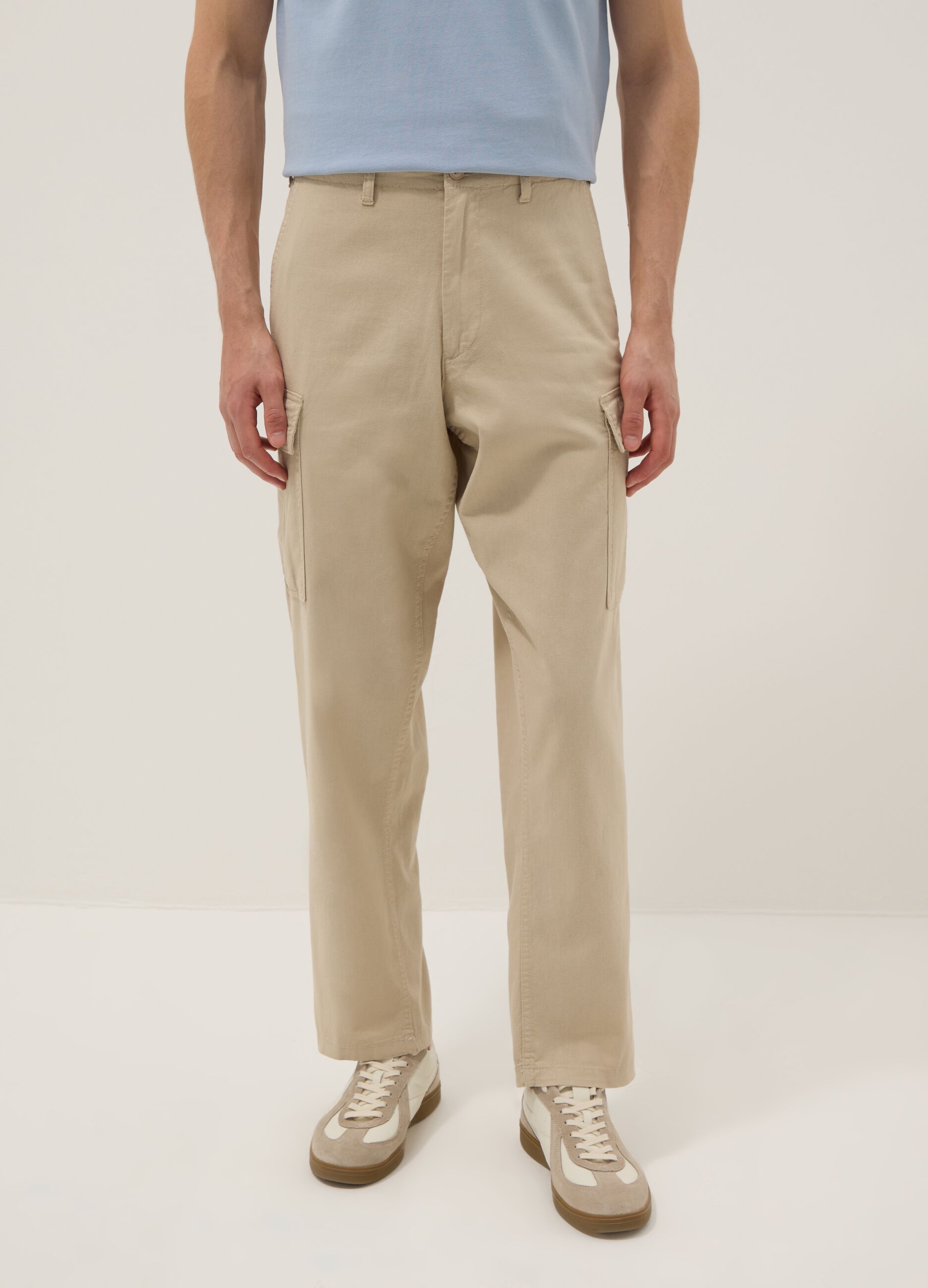 Beige linen-blend regular-fit cargo trousers