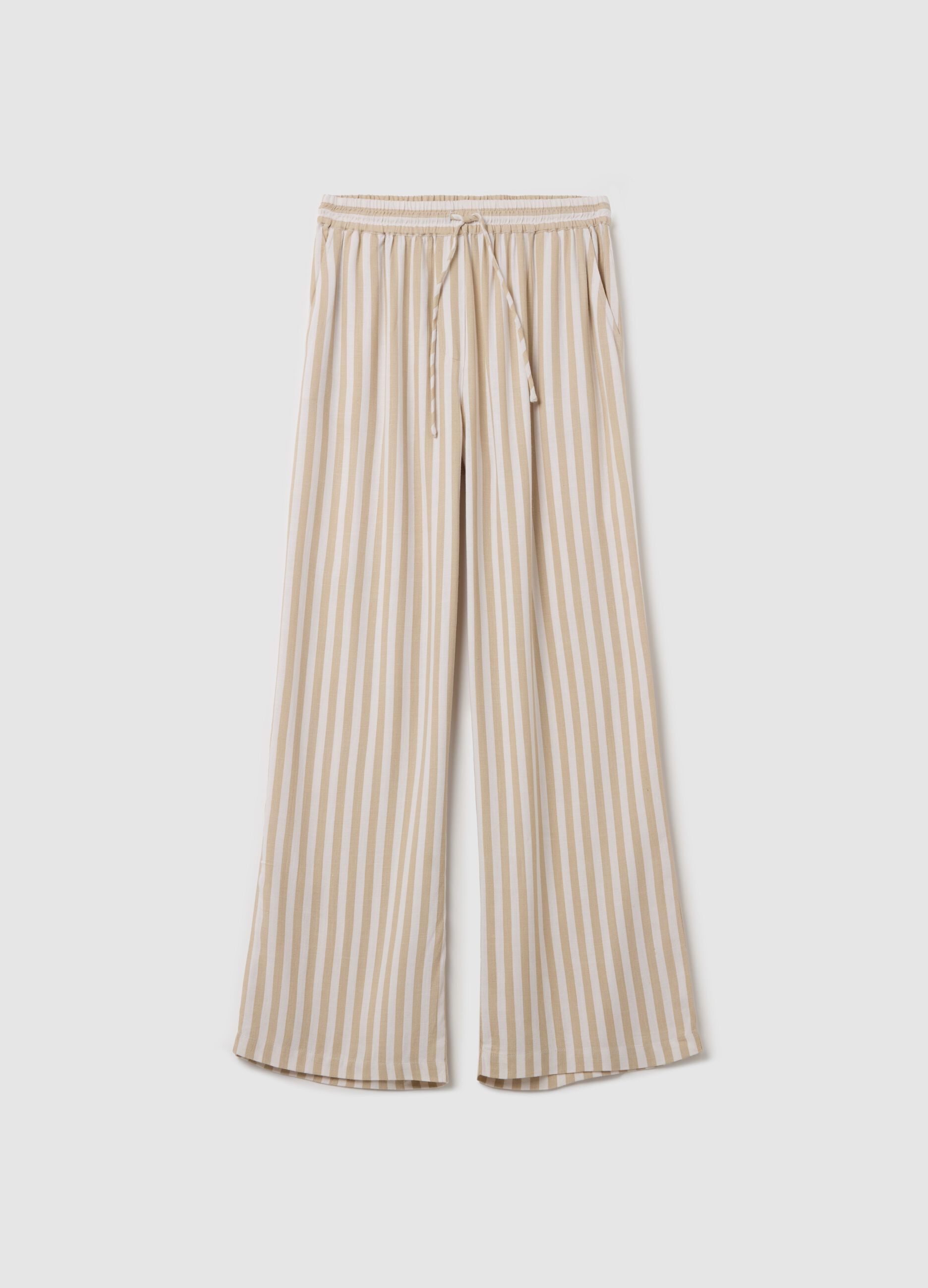 Striped beige palazzo trousers in viscose and linen