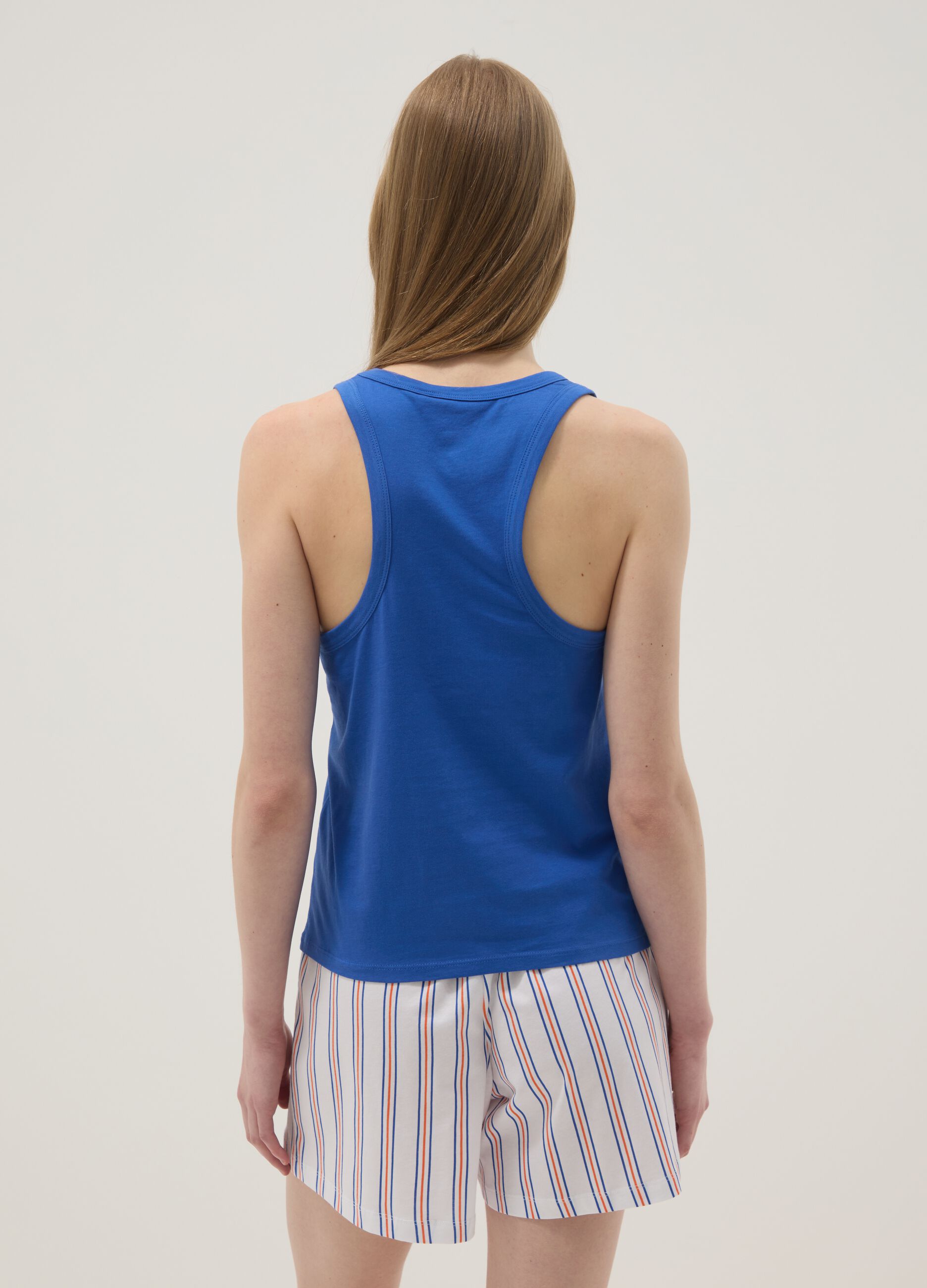 Blue pure cotton pyjama vest top, regular fit, with embroidery