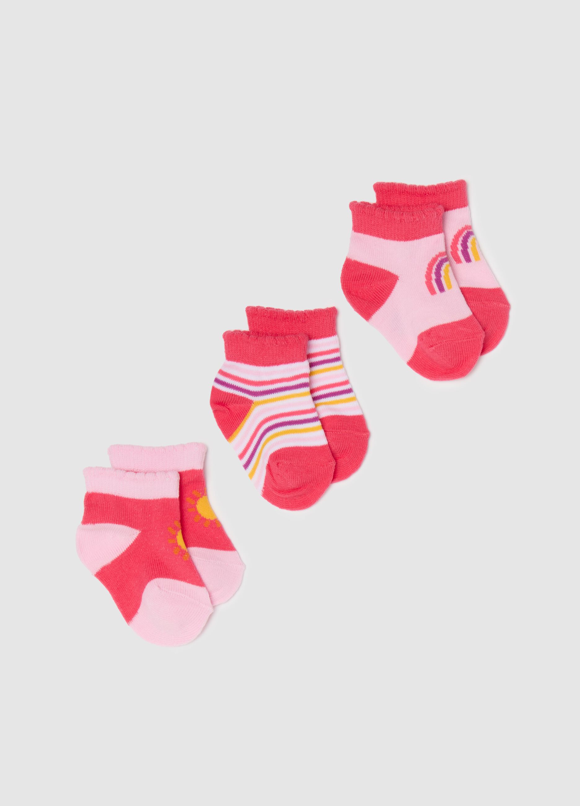 Three-pair pack stretch socks with sun and rainbow design