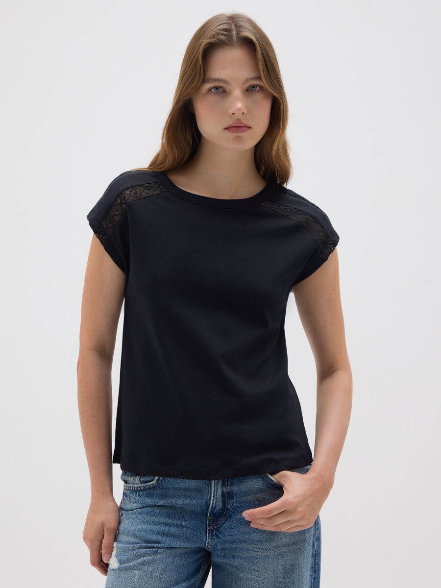 Black pure cotton women's t-shirt regular fit with lace_0