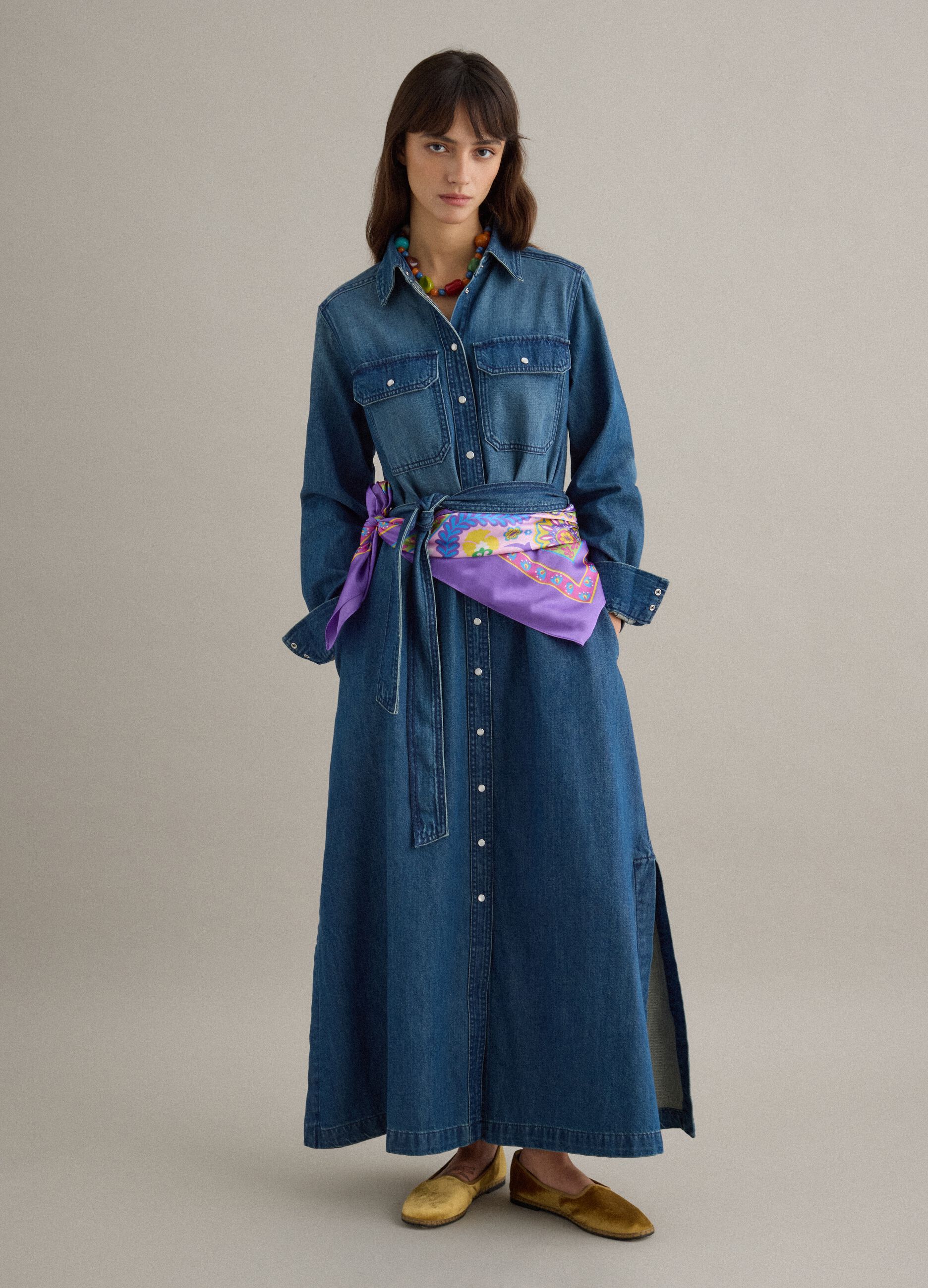 Long dress in pure blue denim cotton regular fit