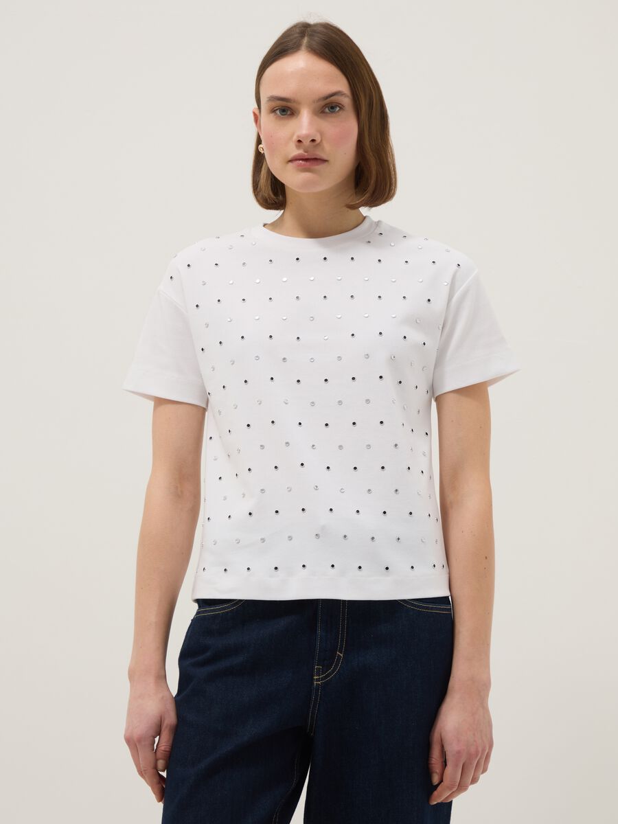 White stretch-cotton T-shirt with studs, regular fit_1