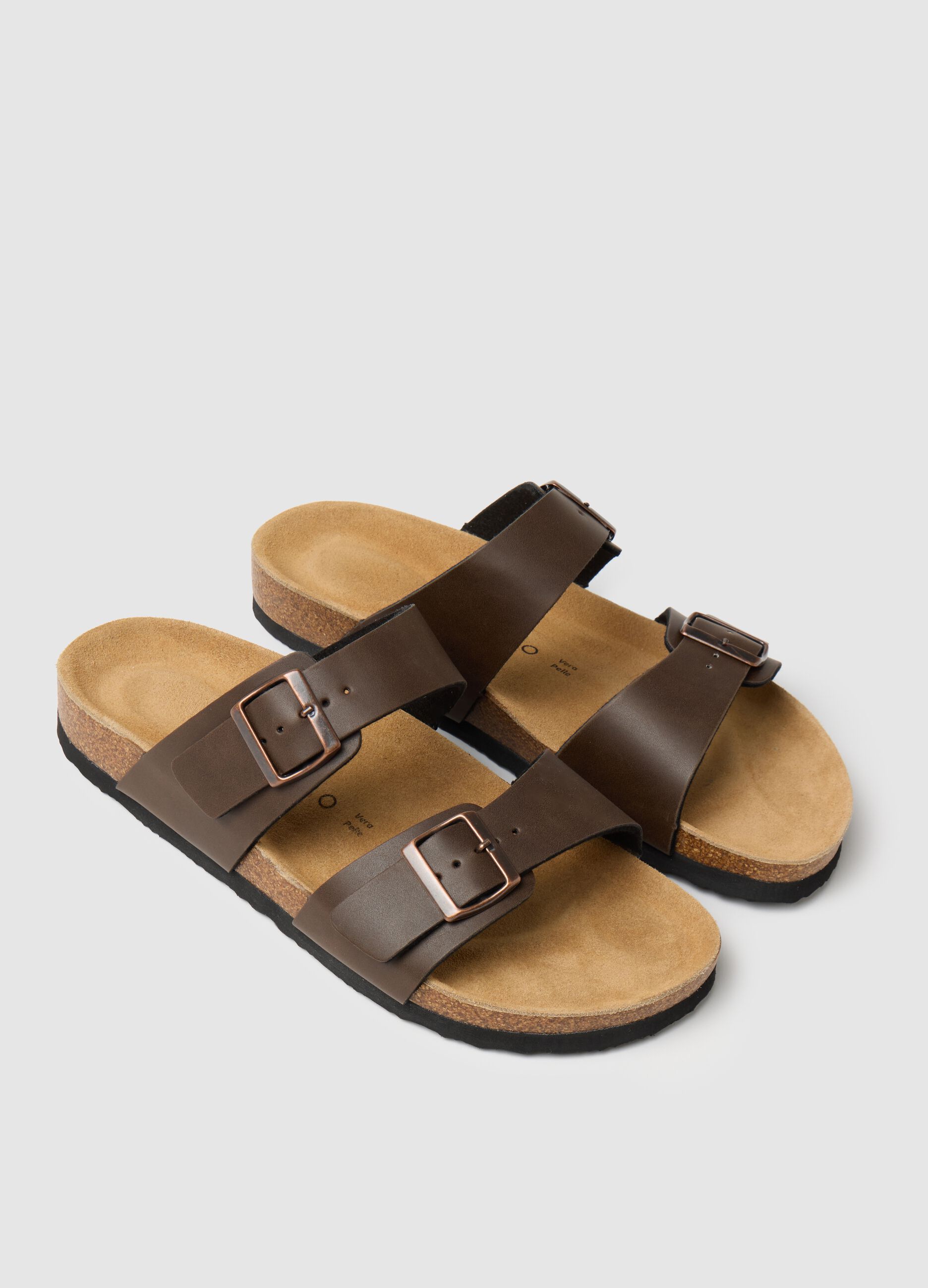 Men's brown genuine leather sandals with adjustable buckles