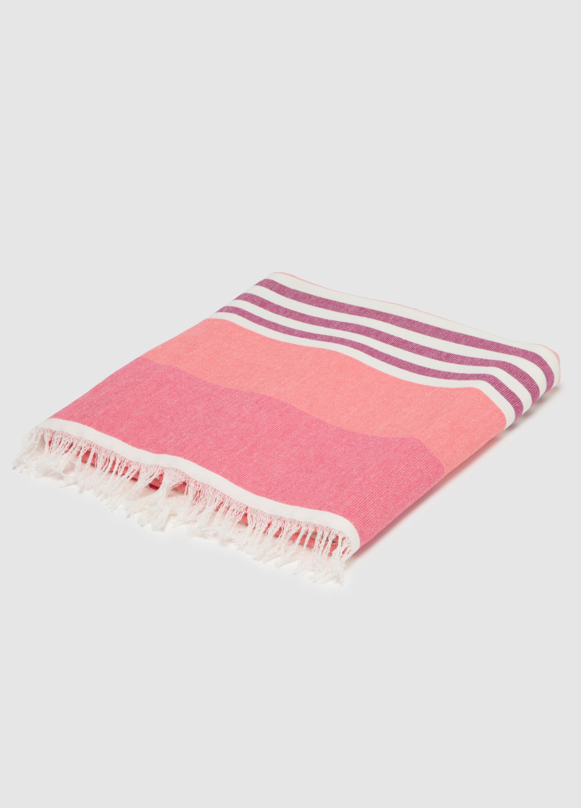 Telo mare da donna in puro cotone multicolor a righe bianco e rosa