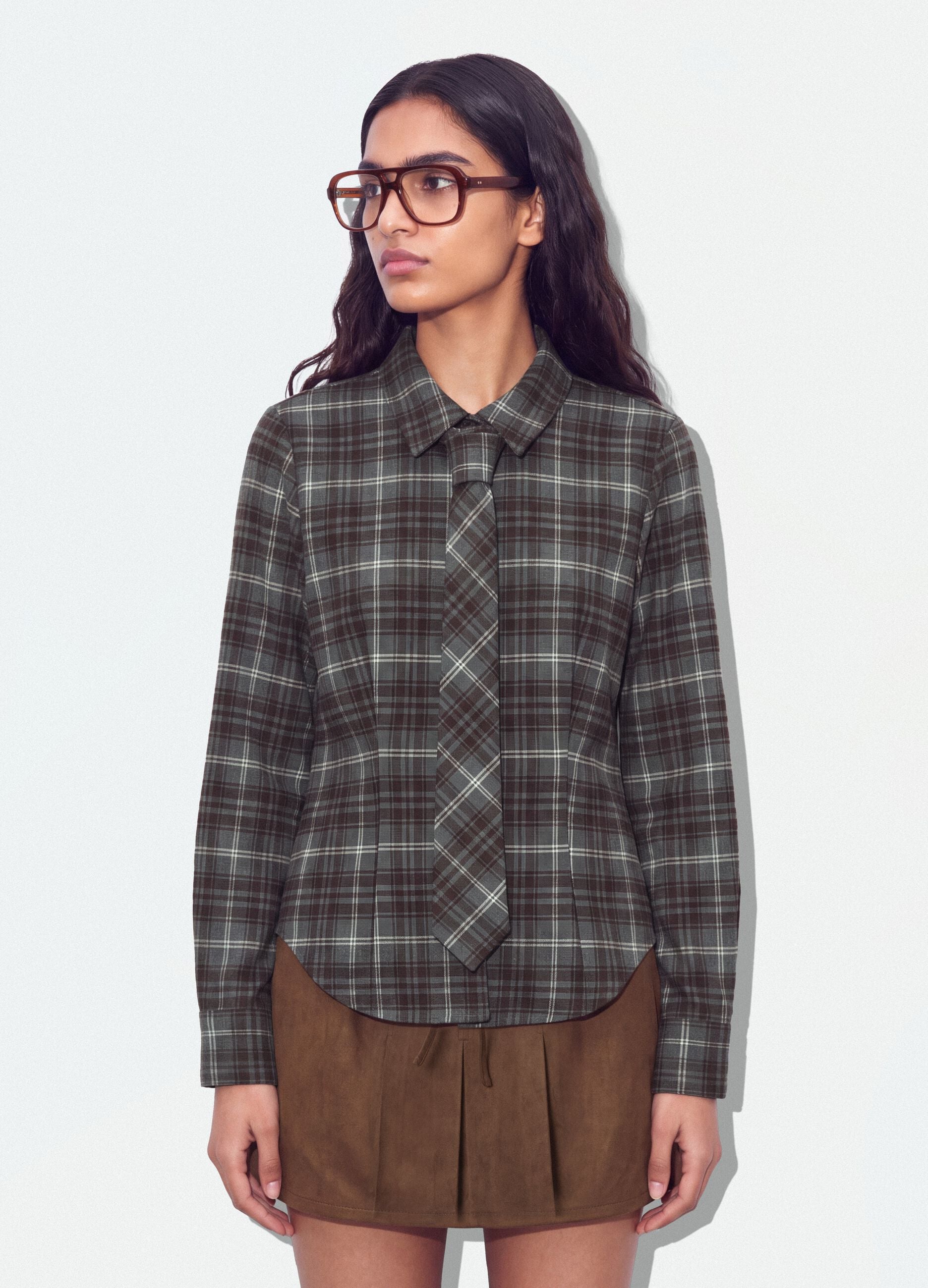 Grey flannel shirt in stretch viscose with tie, slim fit
