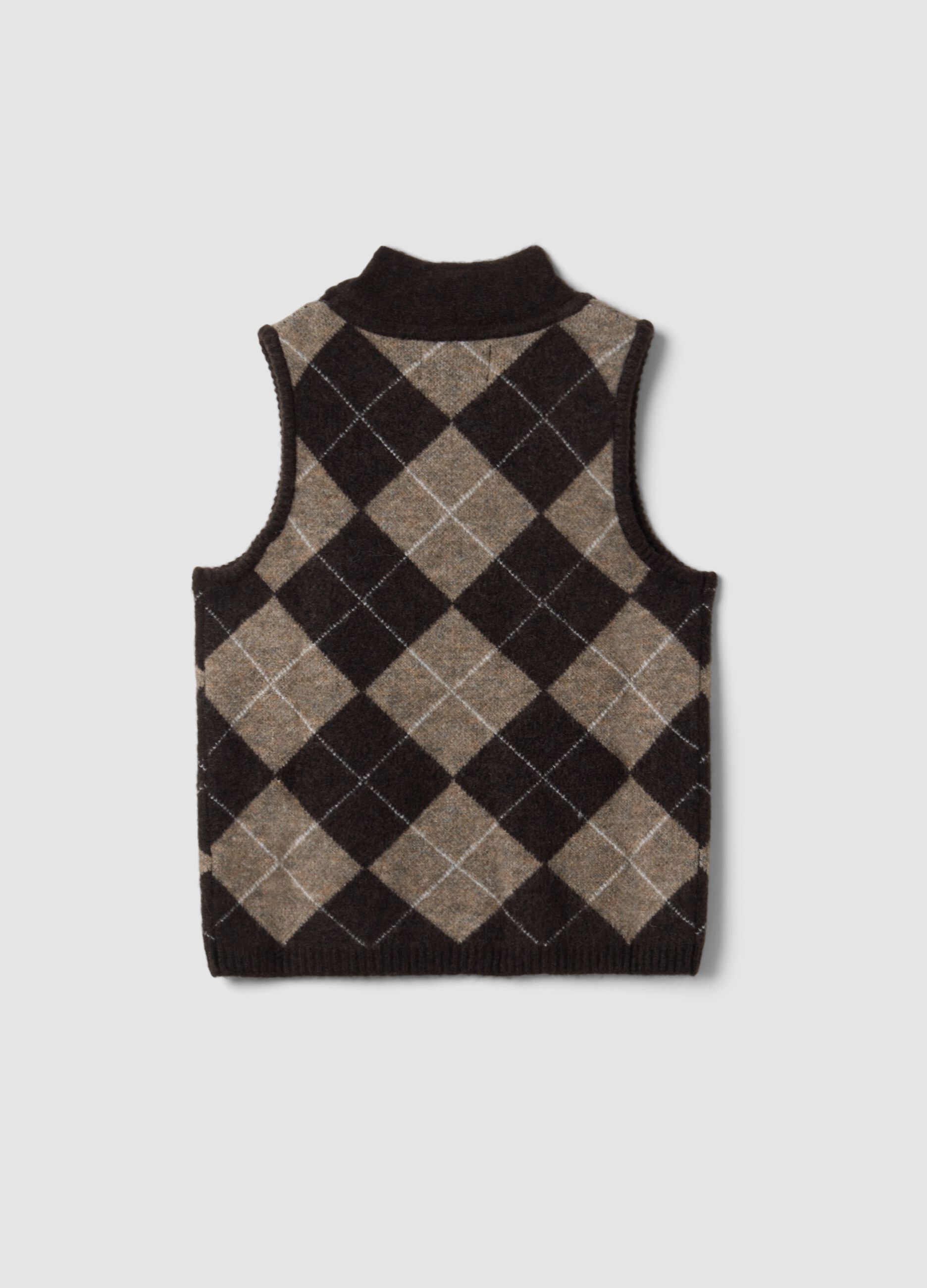 Gilet marrone in lana elasticizzata con colletto rialzato