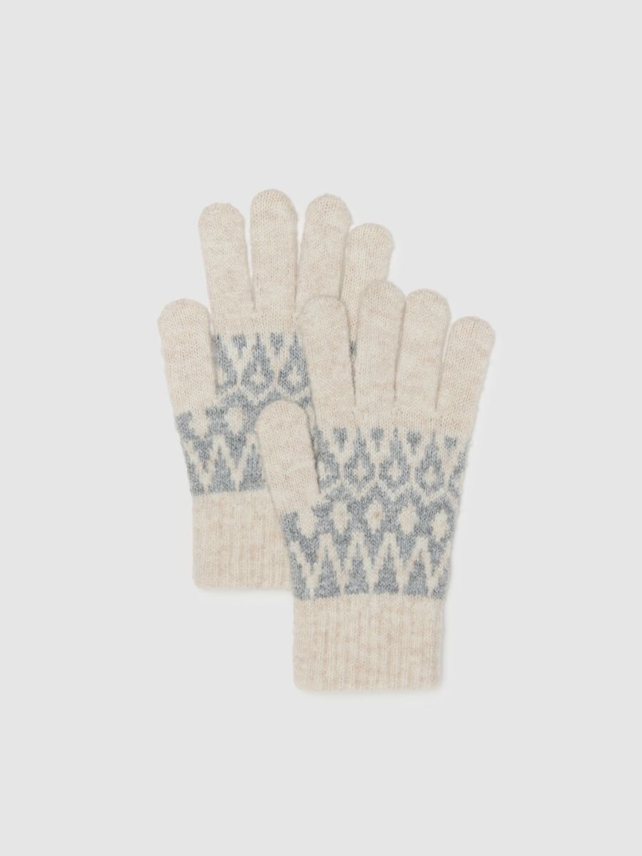 Beige gloves with grey geometric pattern_0