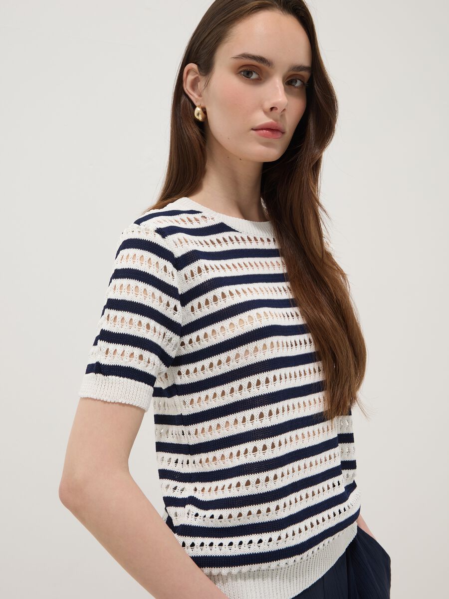 White and blue striped regular-fit openwork viscose-blend T-shirt_0