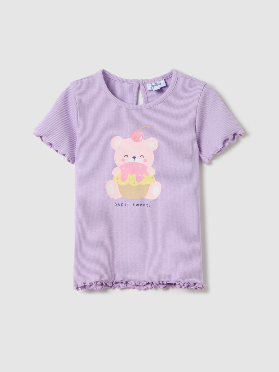 Lilac ribbed T-shirt with glitter print_0