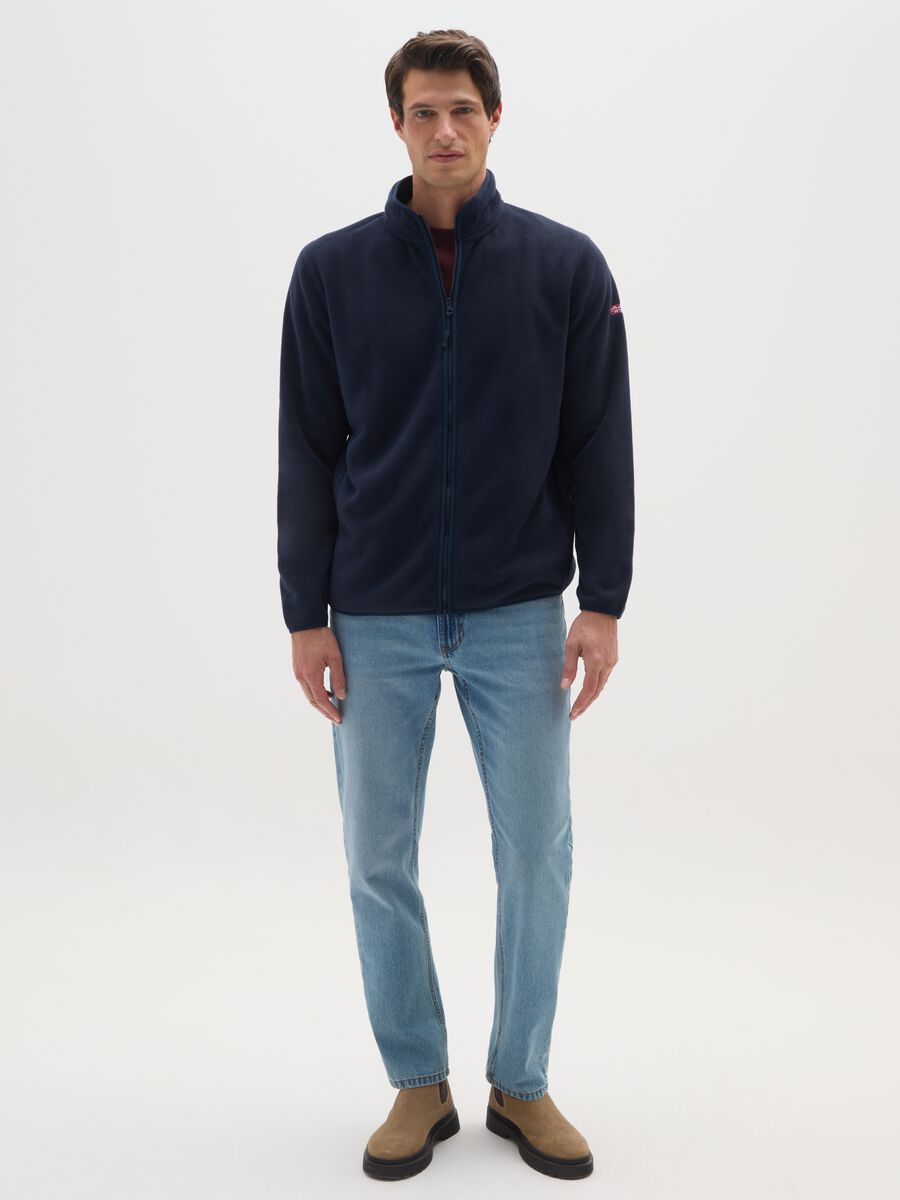 Regular Fit Blue Fleece Jacket with Zip_1