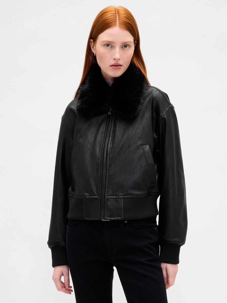 Black bomber jacket with faux fur collar_0