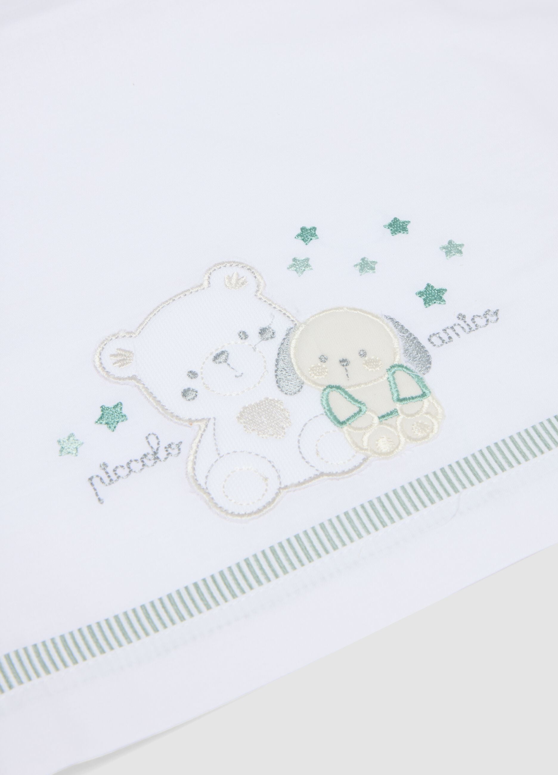 White pure cotton baby sheet with teddy bear and puppy embroidery