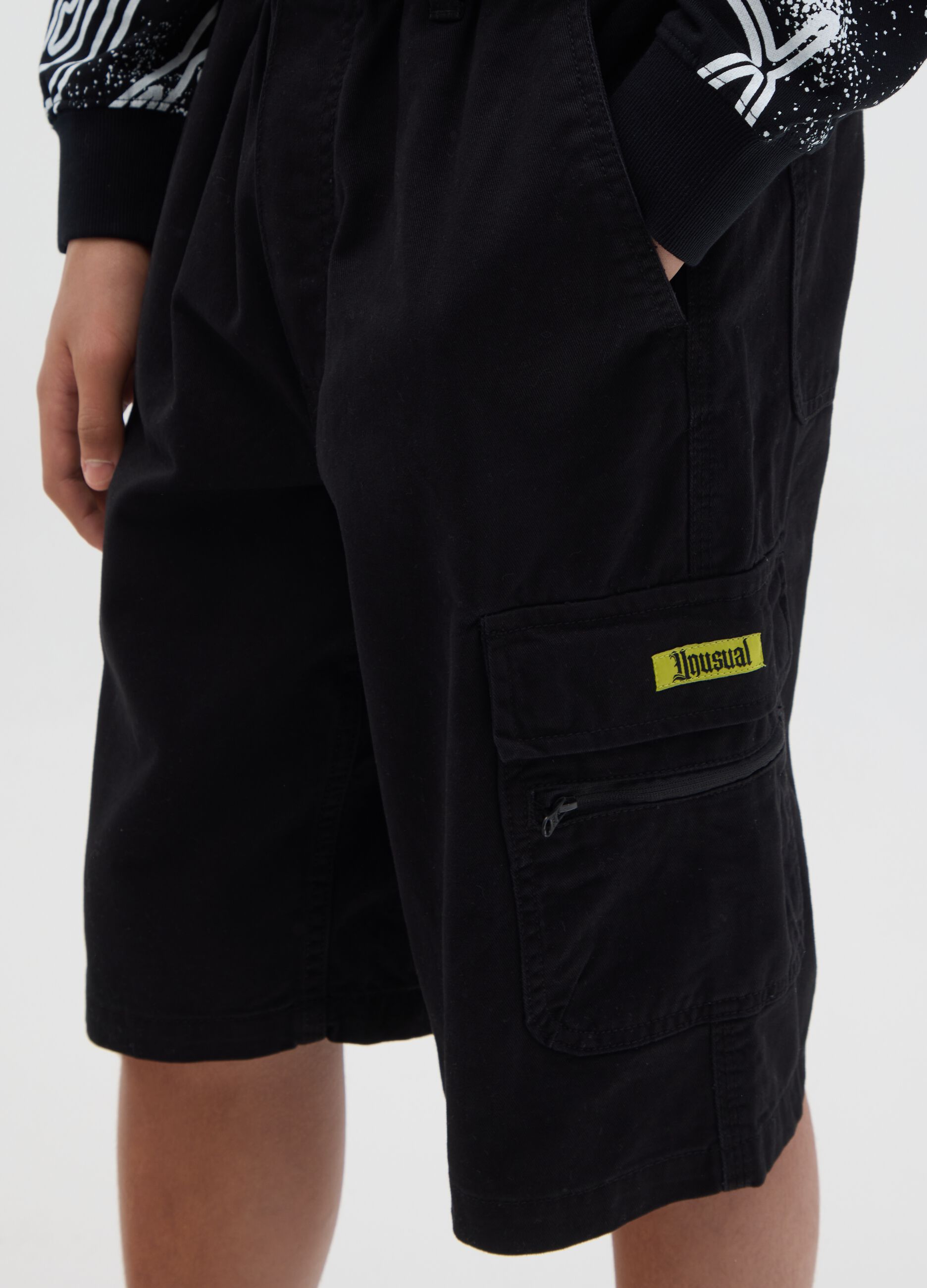 Black cotton denim cargo shorts