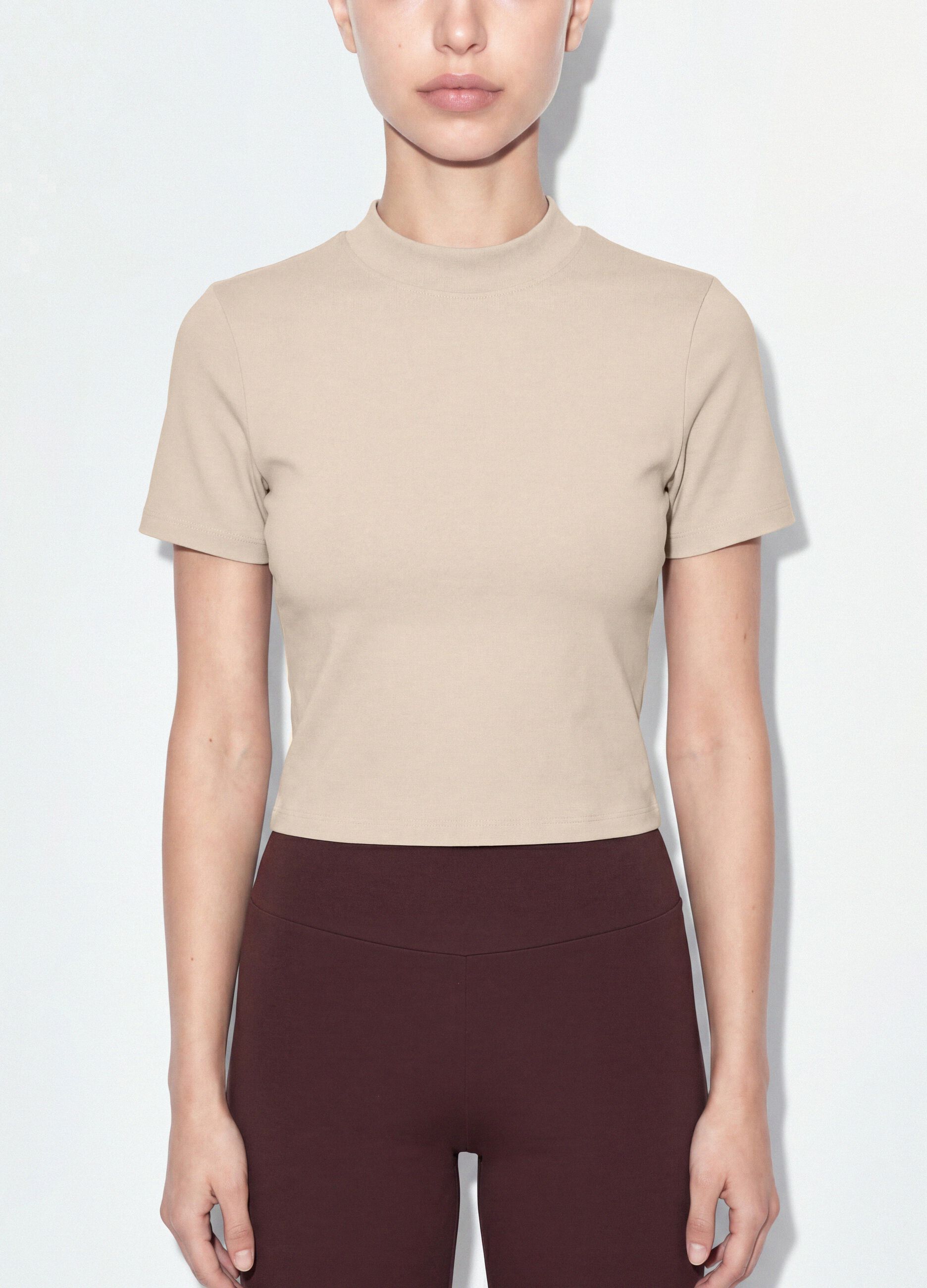 Beige fitted stretch-cotton T-shirt with high neck