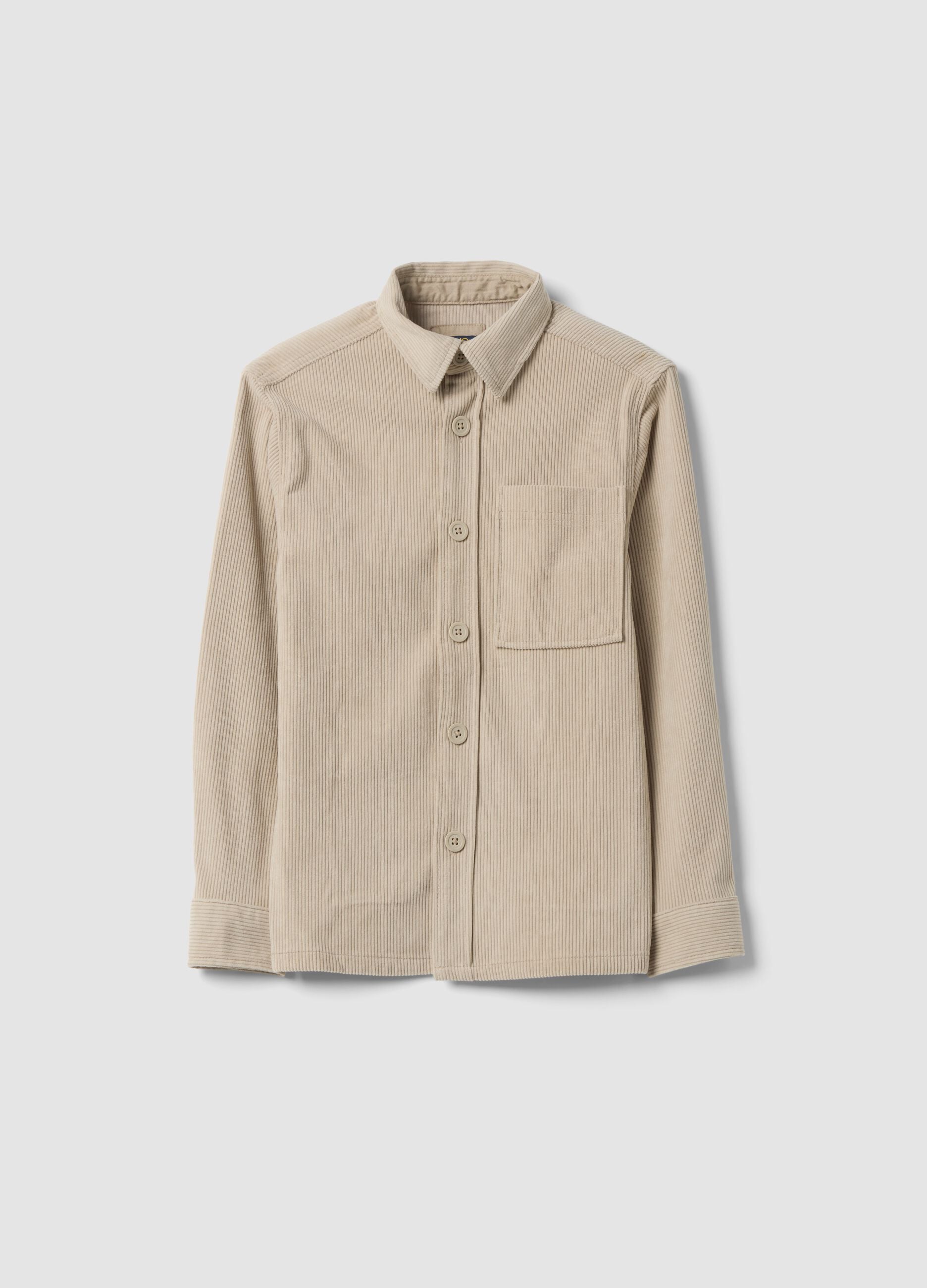 Beige ribbed shirt with buttons and chest pocket