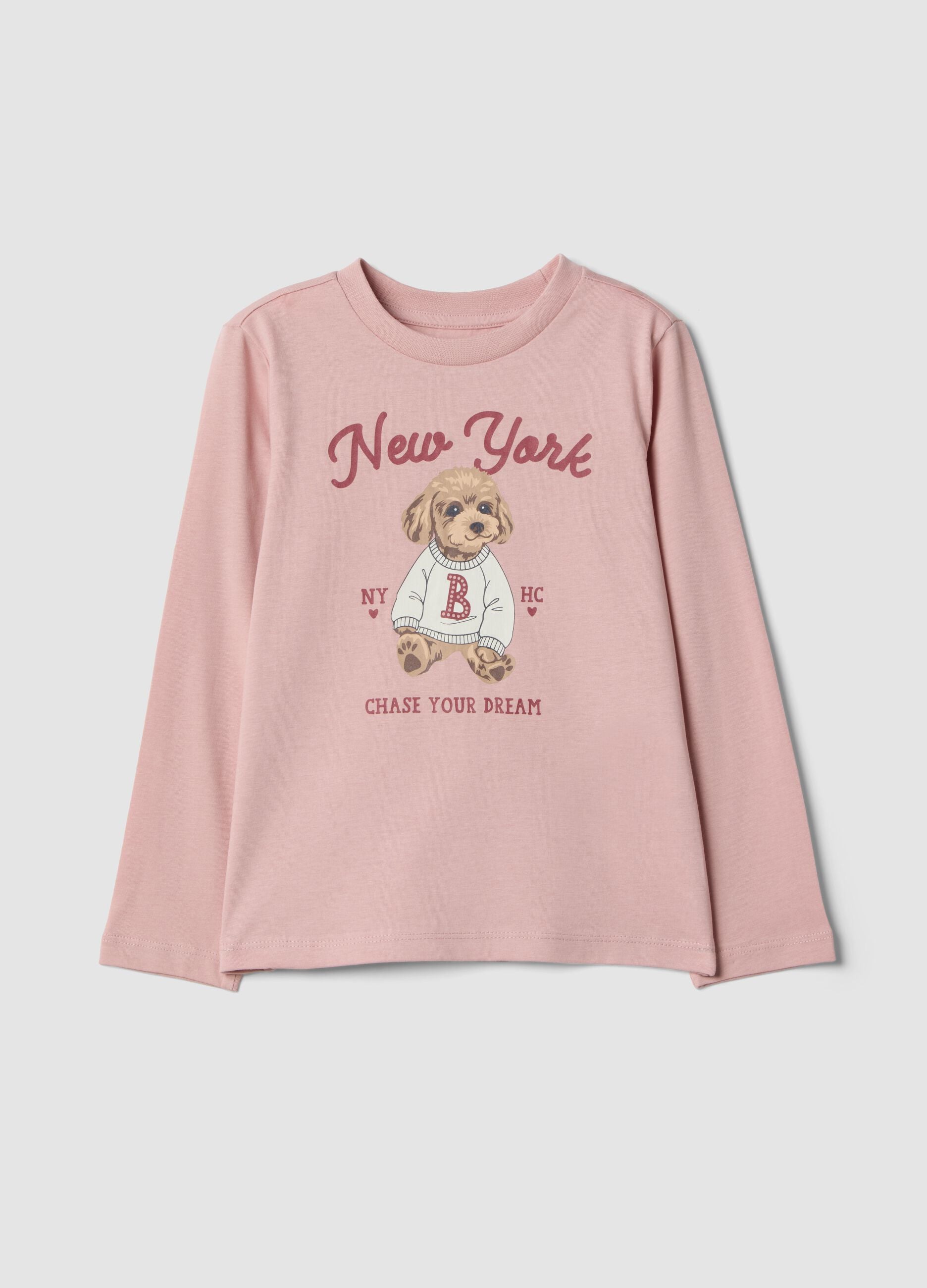 Pink organic cotton T-shirt with puppy print for girls