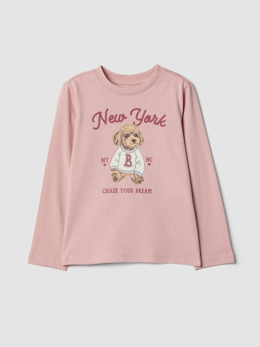 Pink organic cotton T-shirt with puppy print for girls_0