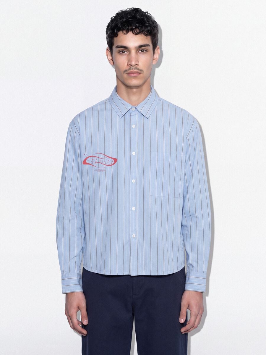 Camicia azzurra cropped in puro cotone a righe over fit_1