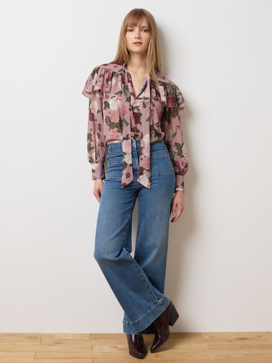 Blue stretchy denim wide leg trousers_0