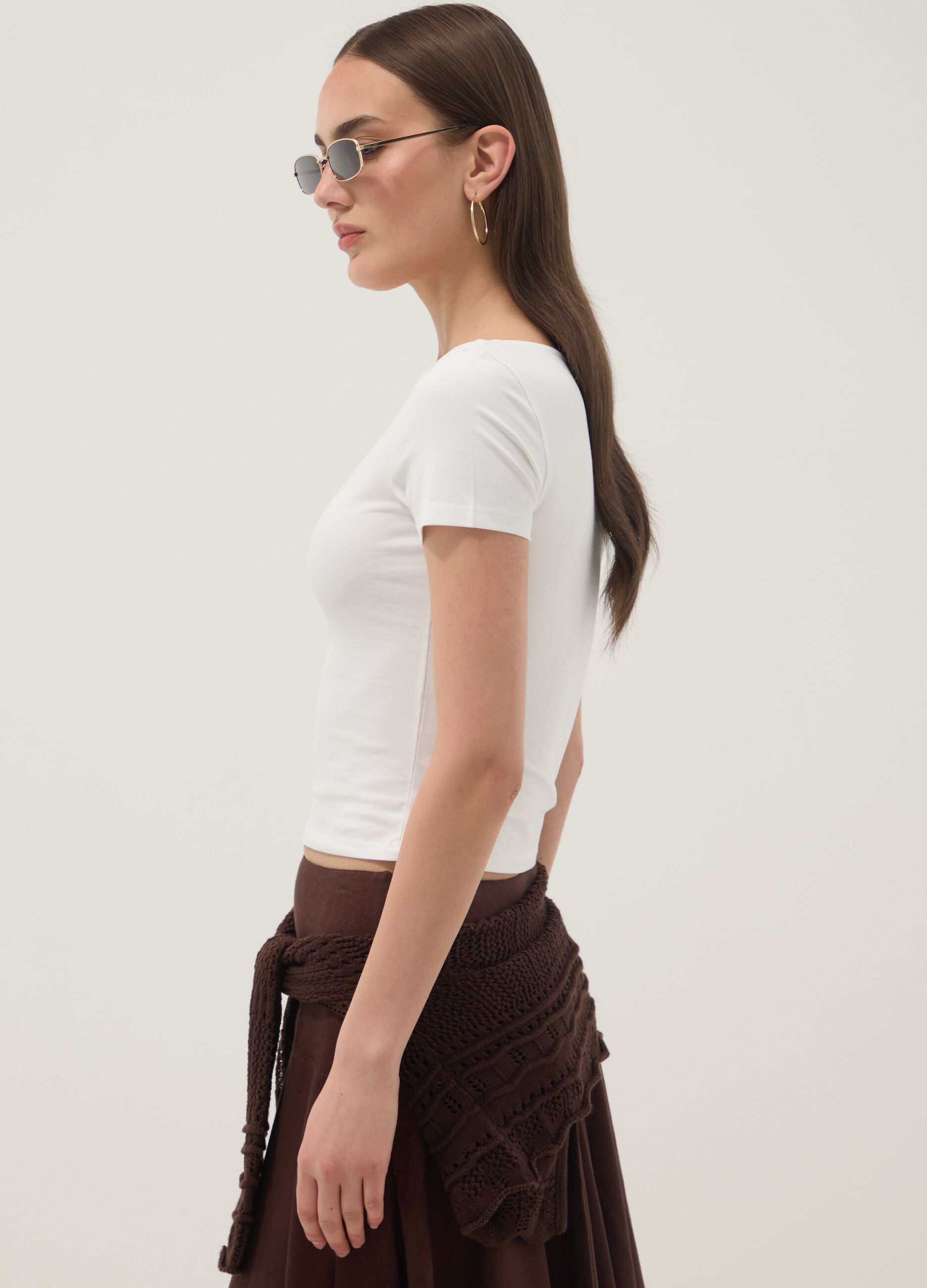 White stretch cotton T-shirt with square neckline