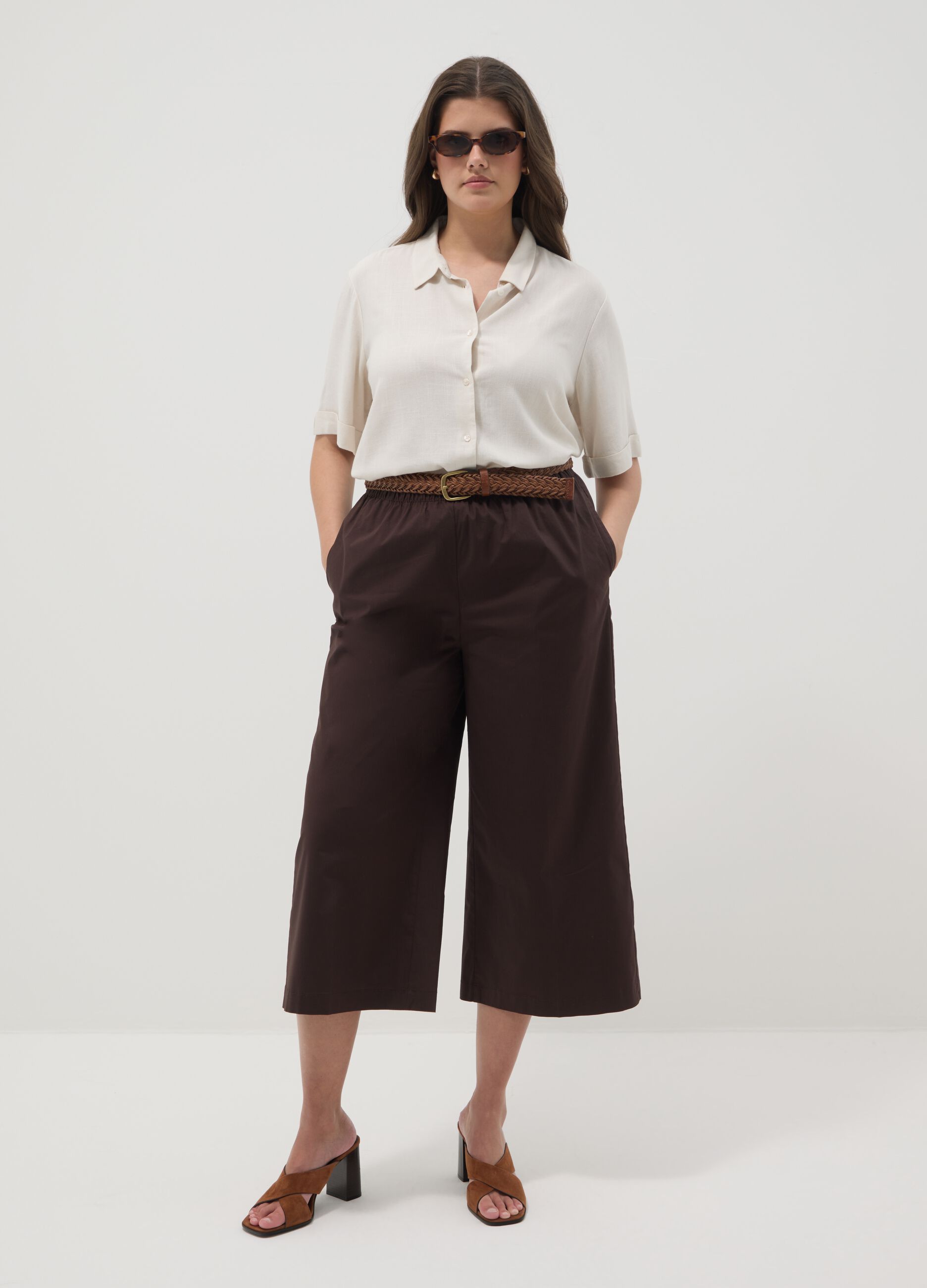Brown stretch cotton wide-leg trousers