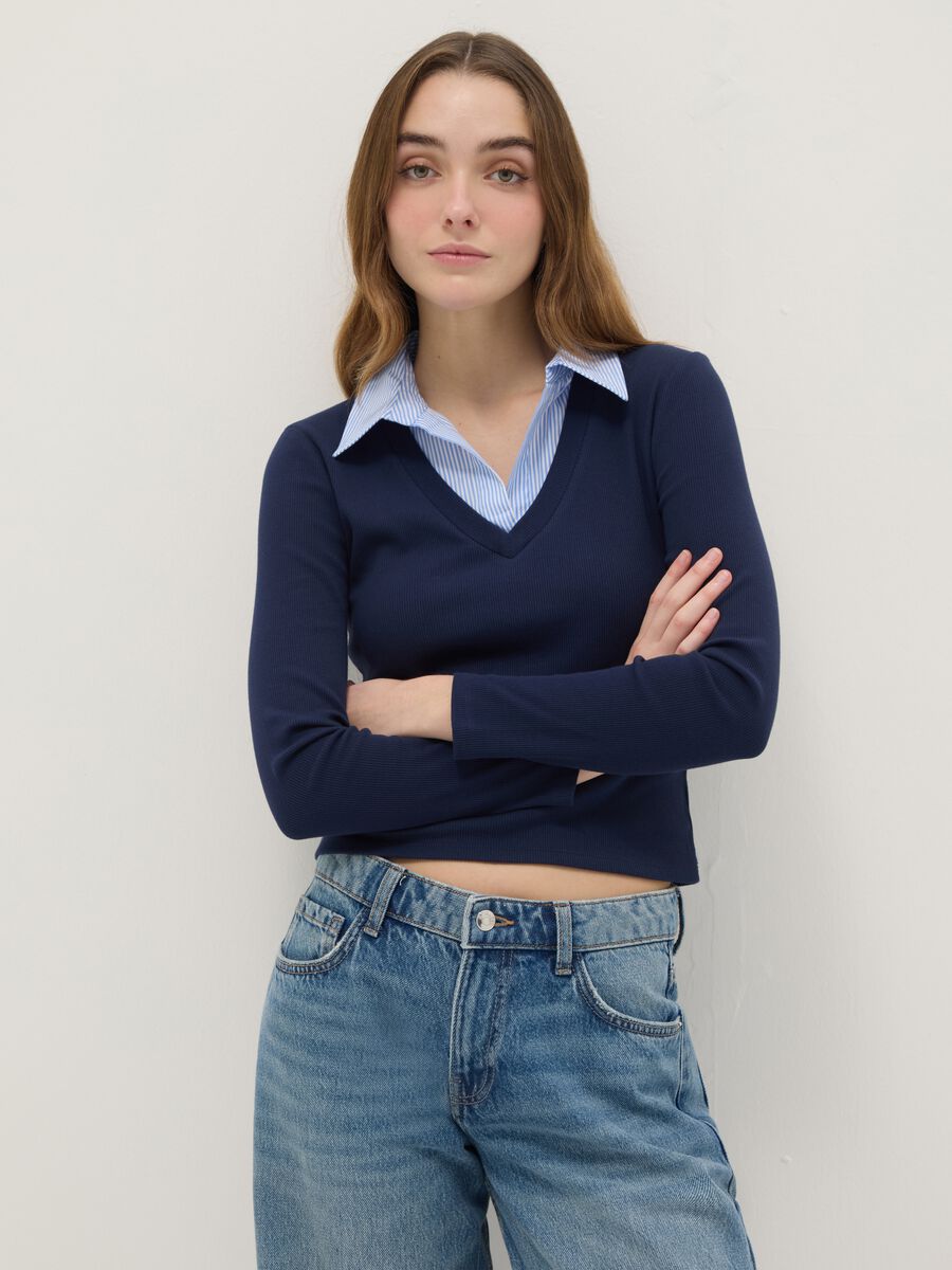 Blue stretch cotton regular fit T-shirt with contrast collar_0