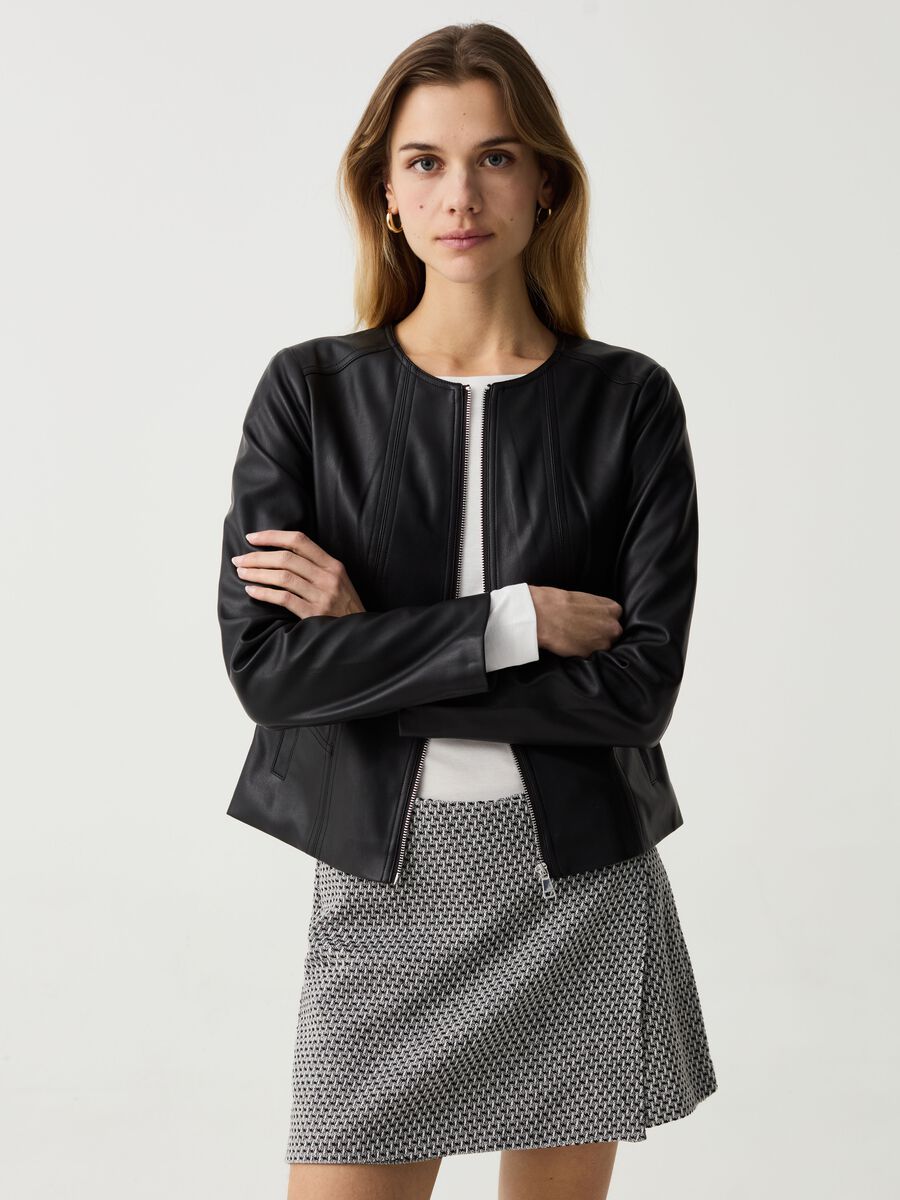 Glossy-effect full-zip biker jacket_0