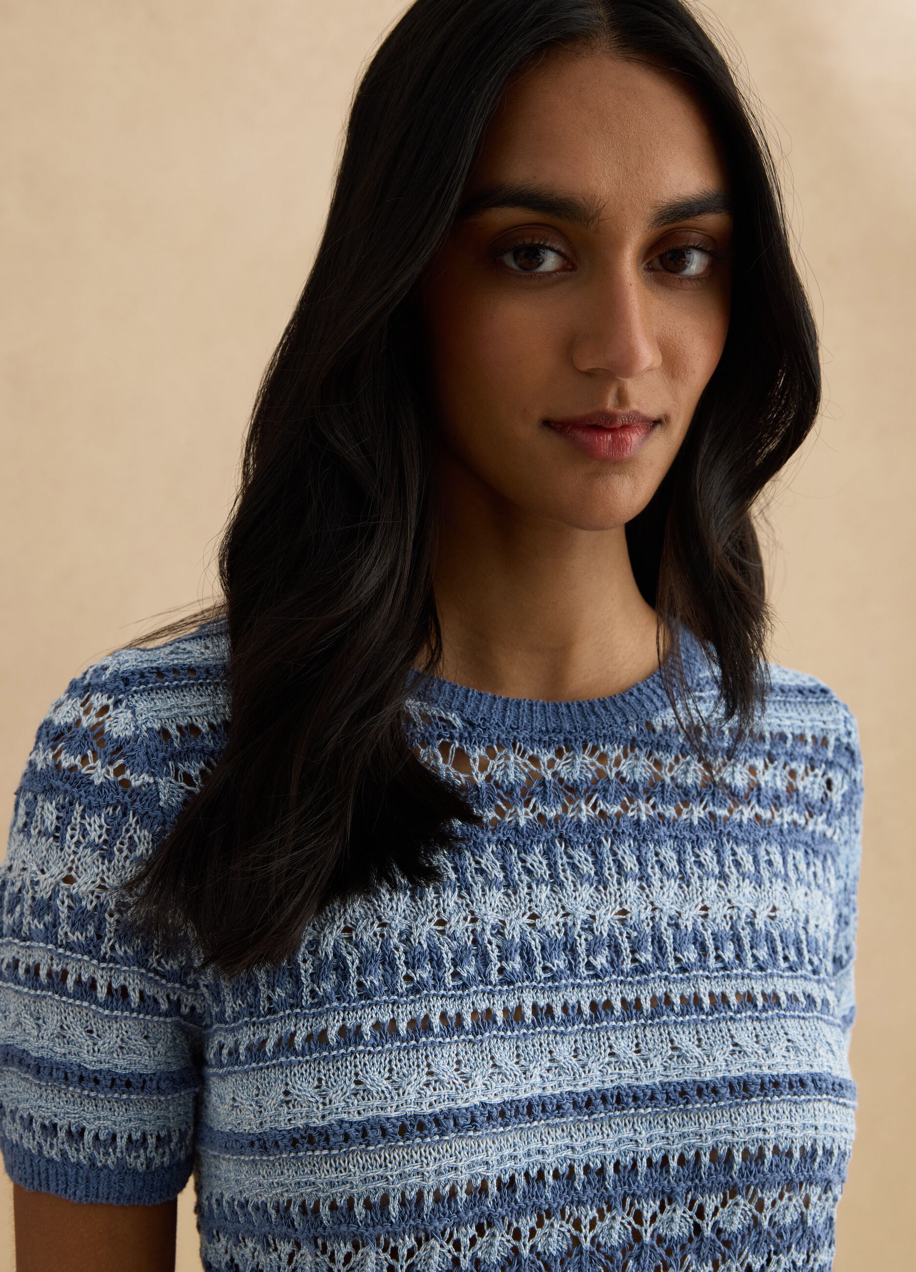 Blue cotton-blend regular fit knit patterned sweater