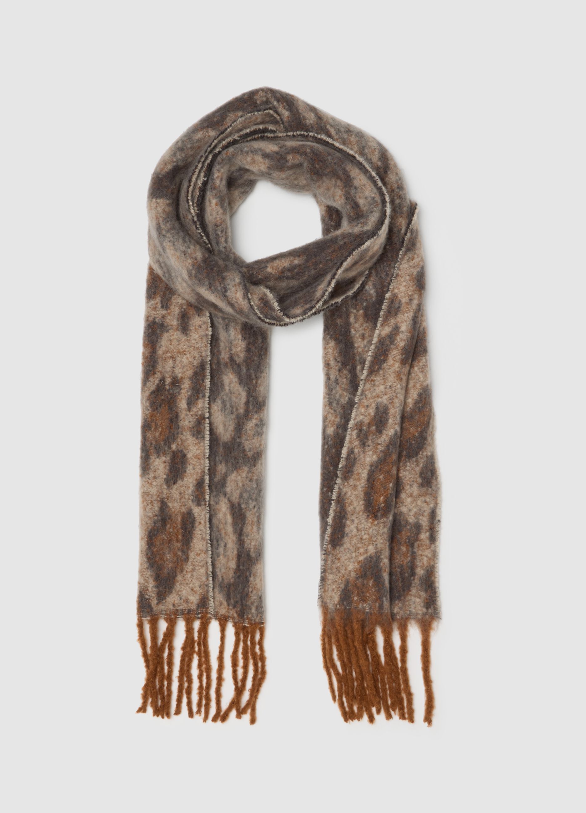 Brown Leopard Print Scarf with Fringes