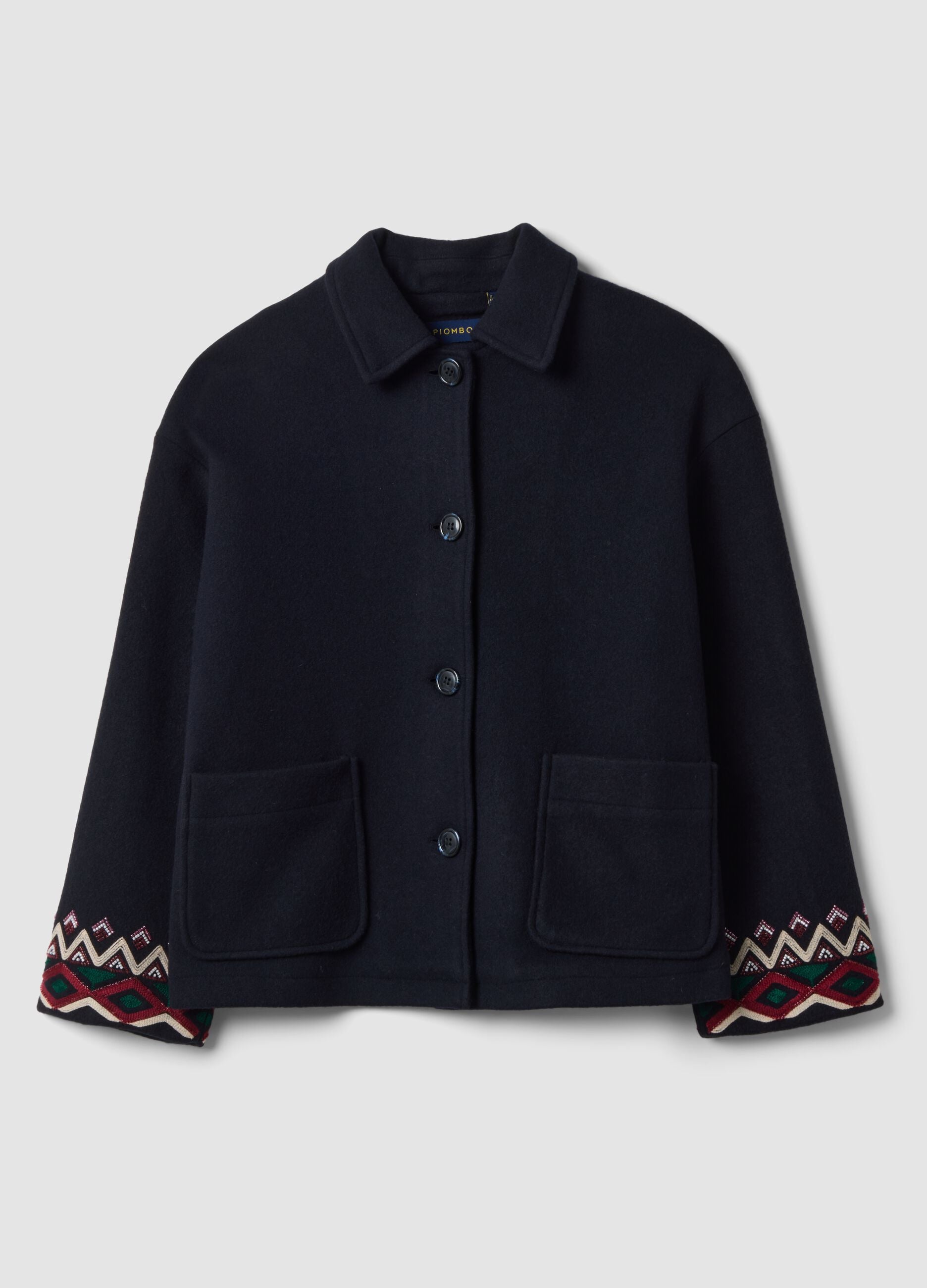 Cappotto blu in misto lana con ricami geometrici