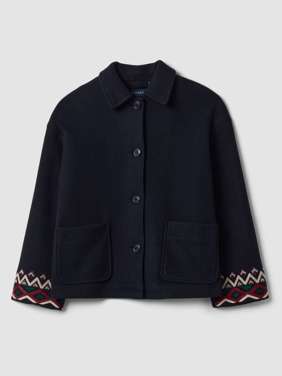 Cappotto blu in misto lana con ricami geometrici_0