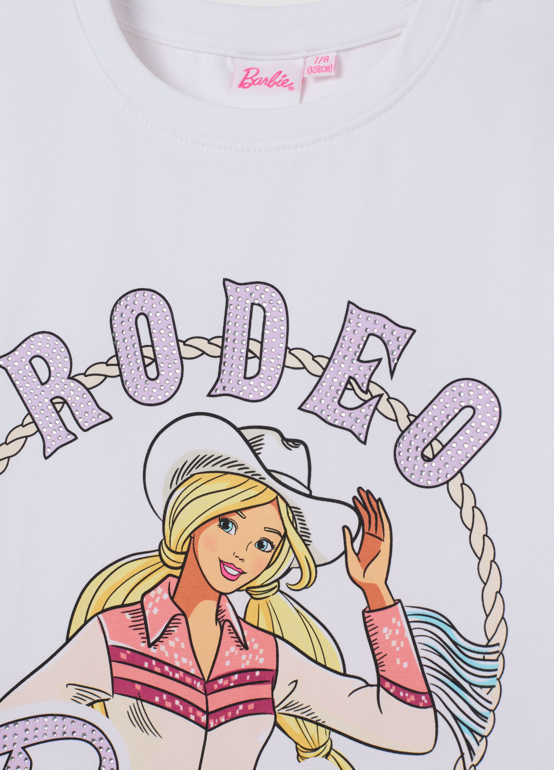 Girl's white stretch cotton T-shirt with Barbie print