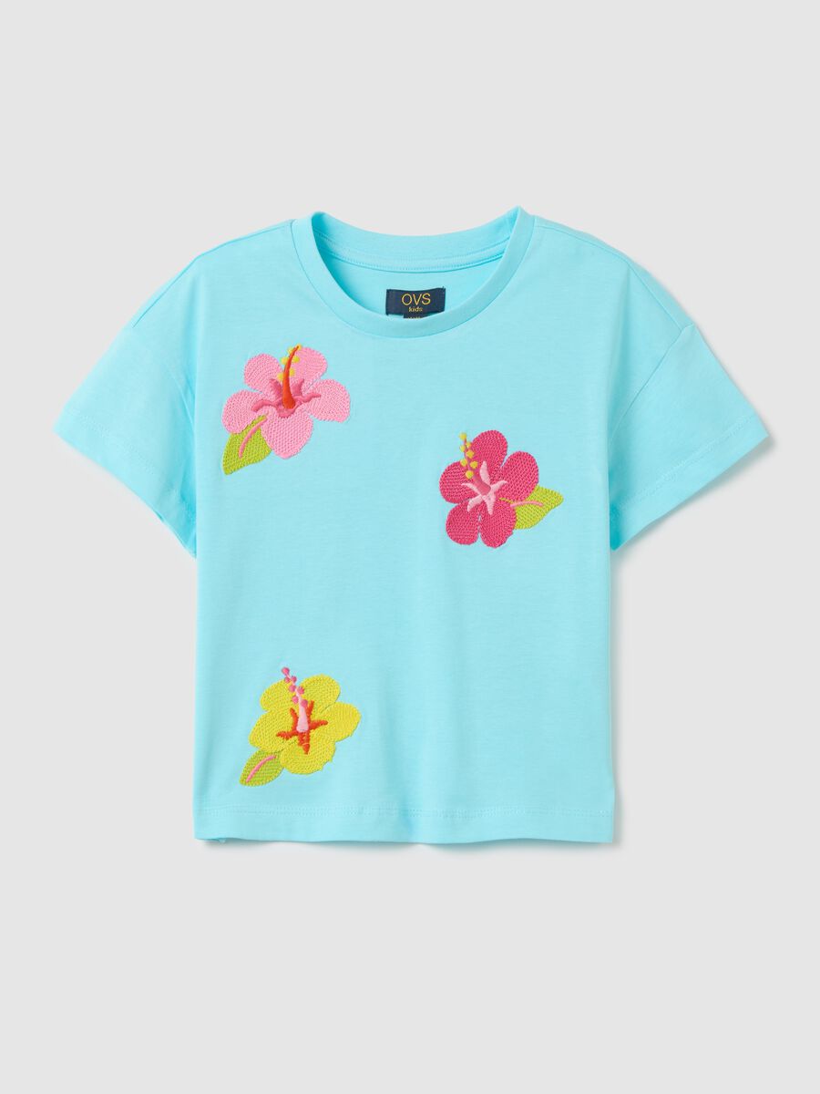 Boxy fit light blue T-shirt with embroidered flowers_0