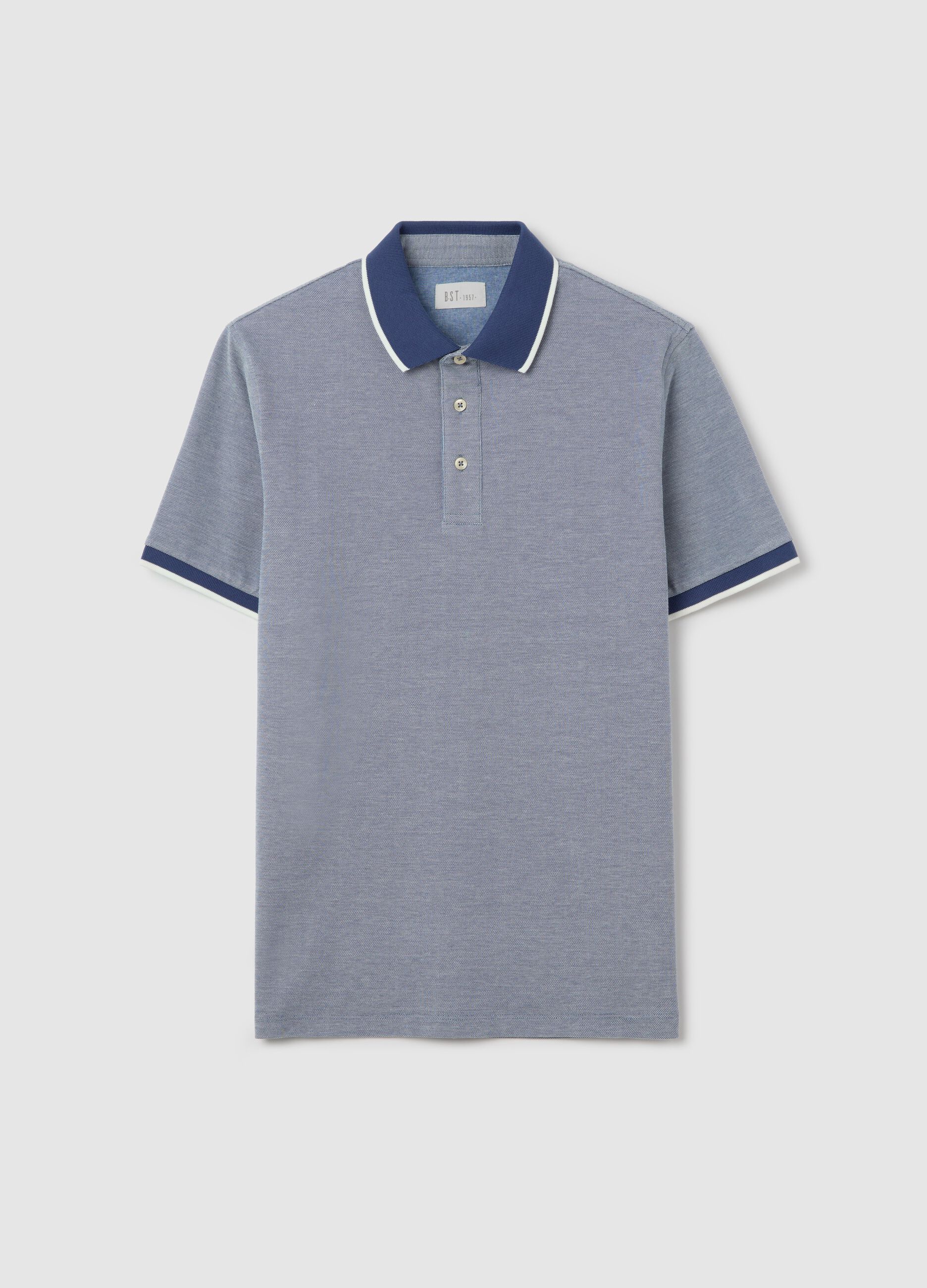 Blue polo shirt with short sleeves in cotton piquet