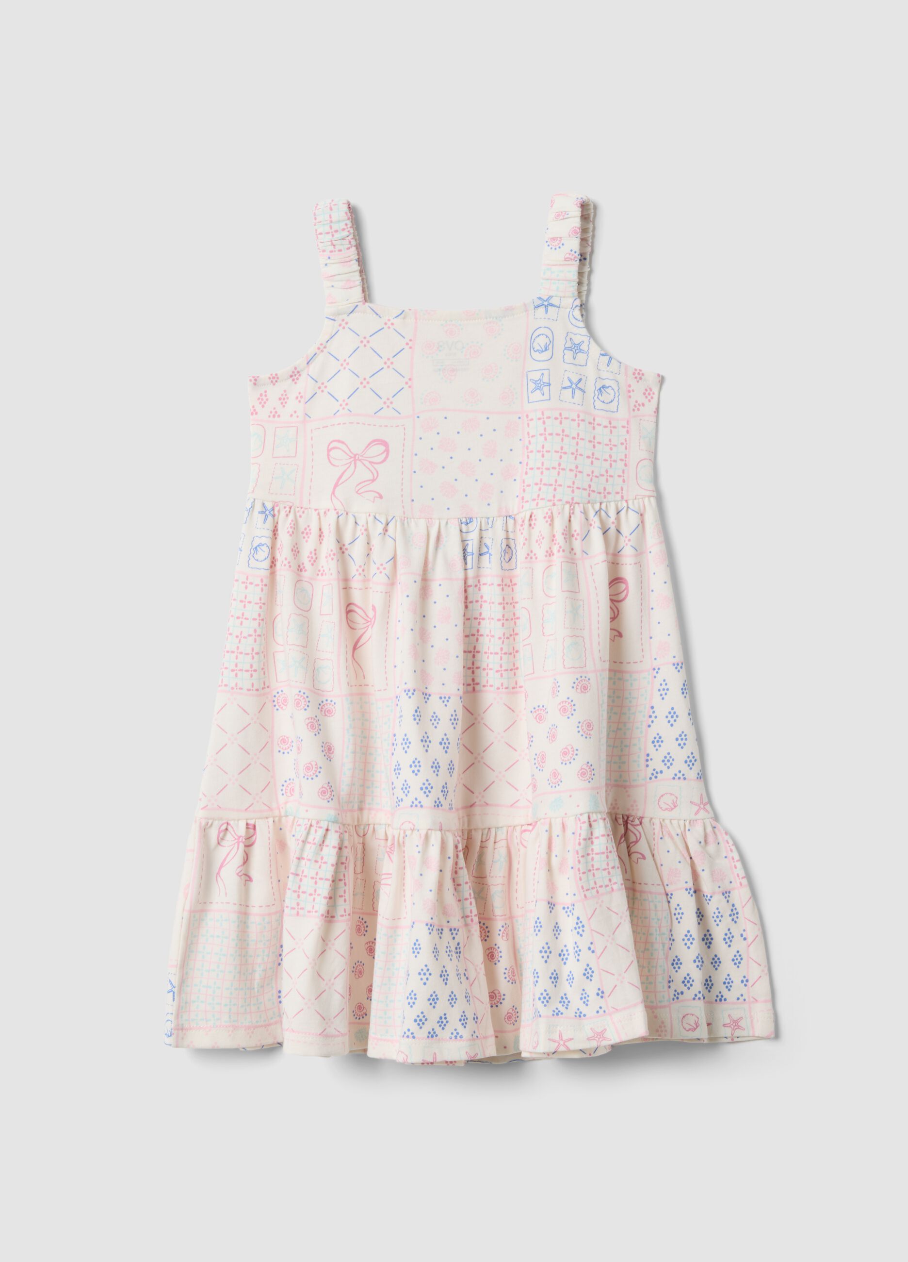 White and pink pure cotton girls&rsquo; dress, regular fit with printed pattern
