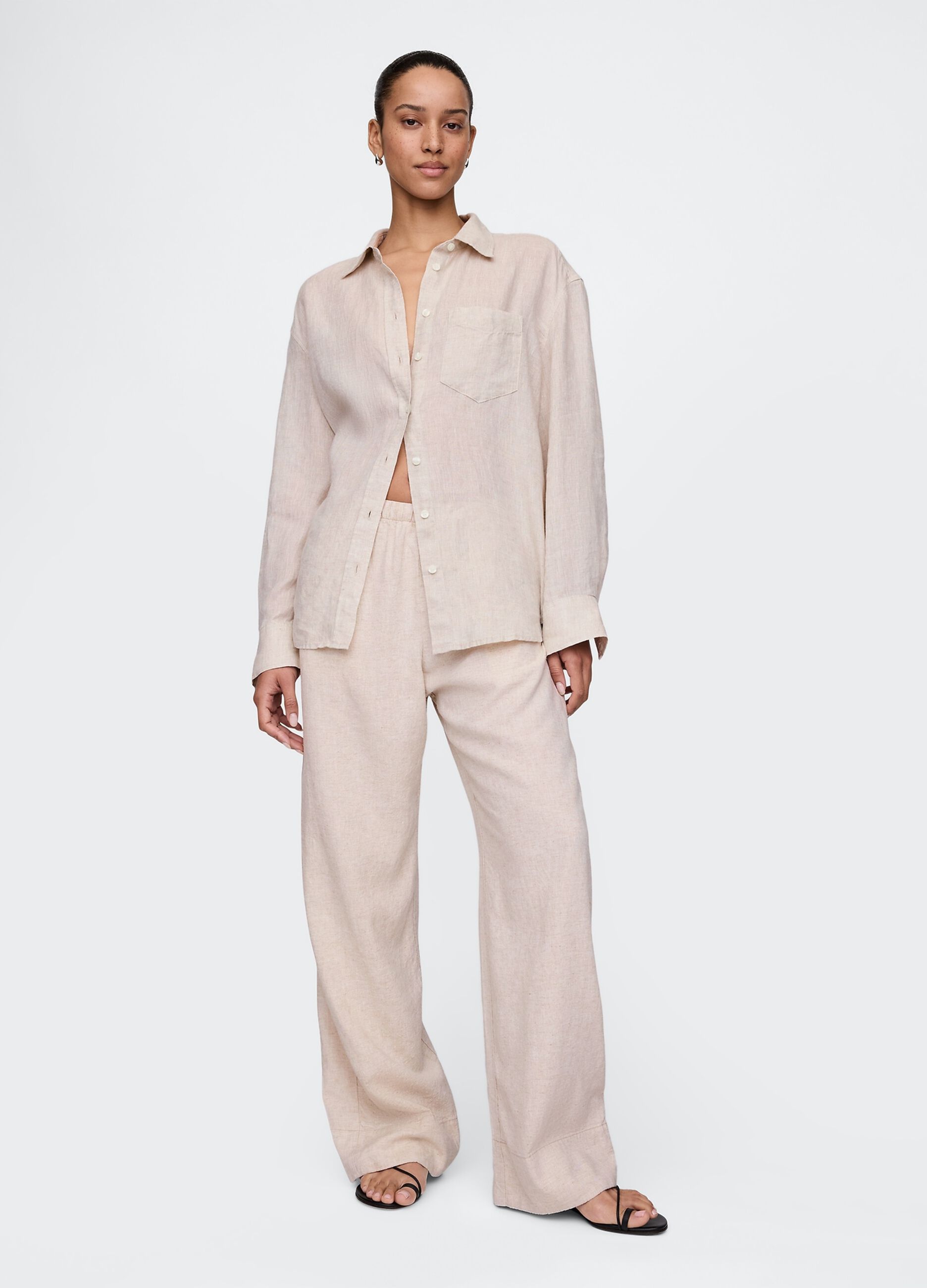 Beige wide-leg trousers in linen and viscose